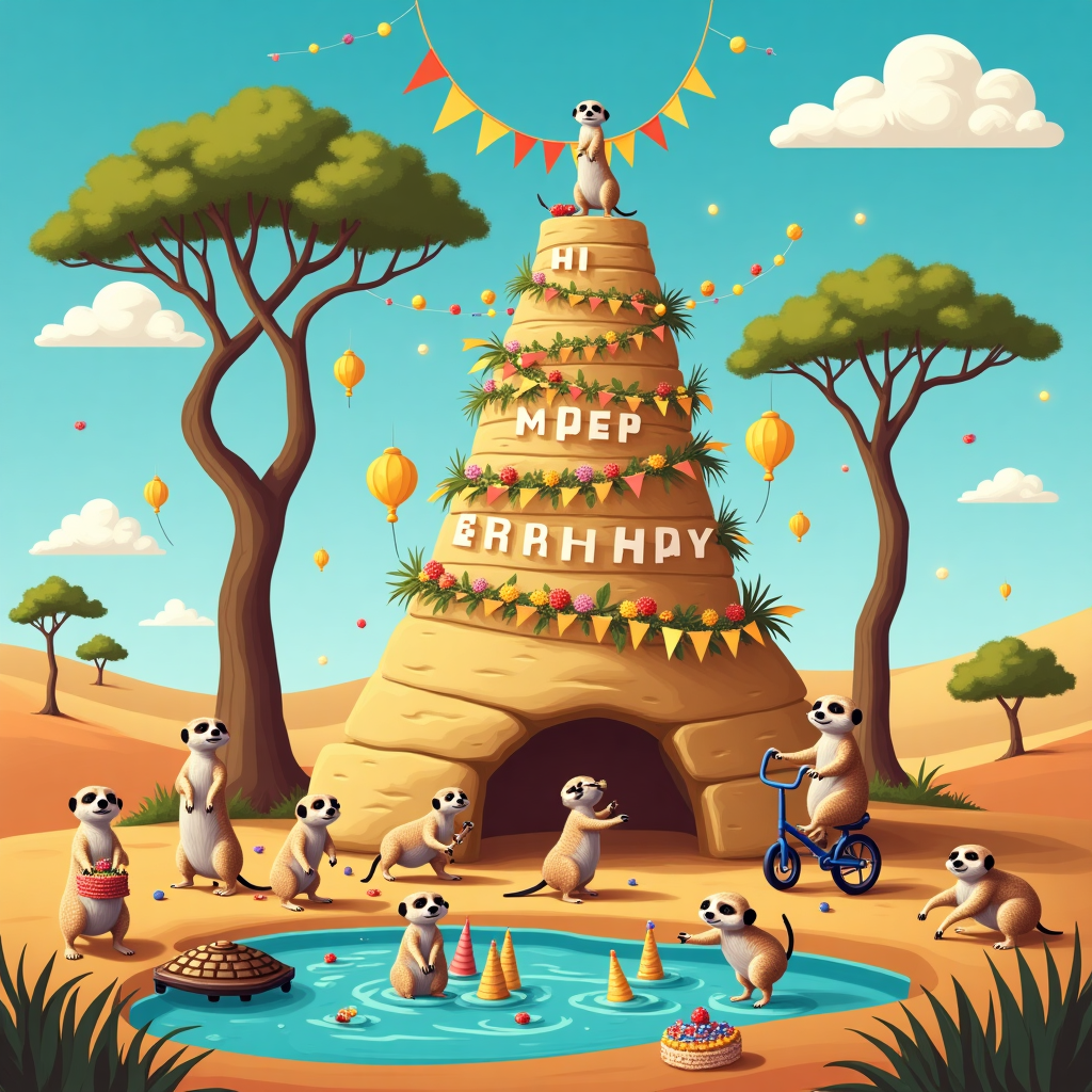 In the whimsical scene set in a vibrant savannah, a bustling birthday party is underway, starring an ensemble of endearing meerkats. At the heart of the scene is a large, sandy-colored rock formation shaped like a cake, adorned with colorful garlands of wildflowers. Each layer of the rock cake has an array of tiny flags, with the top layer proudly bearing a banner reading "Happy Birthday, Hi!" in bold, cheerful letters, each letter designed as if hand-drawn by a meerkat. Below, the meerkats are in the midst of animated antics: one meerkat is hilariously tangled in a string of confetti, while another balances precariously on a unicycle, carrying a stack of cupcakes topped with insect-shaped sprinkles. In the foreground, a meerkat DJ is spinning leaves on a makeshift turntable, fashioned from a hollowed-out tortoise shell, with a line of meerkats enthusiastically dancing in front. Nearby, a group of meerkat pups are playfully bobbing for colorful berries in a clear watering hole. Overhead, the sky is a bright blue canvas with fluffy clouds forming playful shapes like balloons and party hats, with one cloud whimsically shaped to spell out "Hi" in a friendly, swirling script. The entire scene is framed by the silhouette of a tall, majestic acacia tree, whose branches are festooned with paper lanterns that glow warmly under the bright savannah sun.
Generated with these themes: Meerkat.
Made with ❤️ by AI.