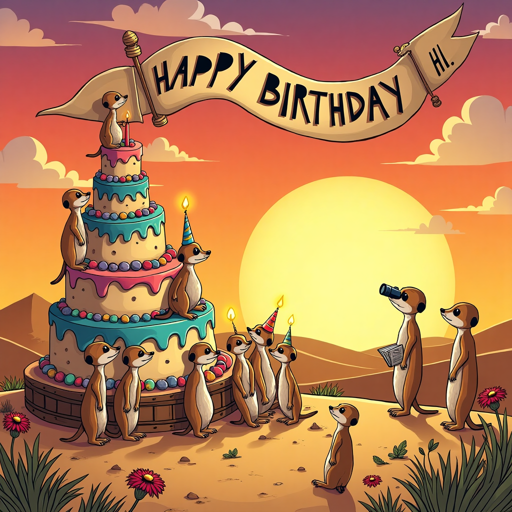In this whimsical birthday card scene, we're transported to the heart of the Kalahari Desert where a lively meerkat celebration is in full swing. The foreground features a vibrant cartoon of meerkats, each with their own unique personality and expression, resembling the charm of characters from Peanuts and Calvin and Hobbes. They're gathered around a giant birthday cake that's precariously balanced on a sandy mound, decorated with colorful frosting that swirls up into a towering spiral, echoing the fantastical style of Little Nemo in Slumberland. 

The cake is adorned with quirky candles, each one shaped like a different desert creature, such as a tiny lizard or a cheerful beetle. A group of meerkats, with wide, curious eyes reminiscent of the expressive art of Walt Disney, are attempting to blow out the candles, their small paws reaching upwards, full of mischief and joy. Above them, a line of meerkats stands atop one another in a teetering tower, reminiscent of a playful Far Side cartoon, holding a festive banner that arches across the top of the scene. The banner reads "Happy Birthday, Hi!" in vibrant, looping letters that seem to dance with the rhythm of the party, bringing a touch of comic whimsy in a style inspired by Osamu Tezuka.

In the background, the sun sets in a grandiose display of warm oranges and pinks, with wispy clouds that have been artfully shaped to spell out "Hi" as they float lazily across the sky. A lone meerkat, acting as the lookout, stands silhouetted against the sunset, clutching a tiny pair of binoculars that bring to mind the detailed artistry of Tintin. This meerkat's alert posture is contrasted by another, more relaxed meerkat, reclining with a small book titled "The Art of Birthday Parties," nodding to the literary whimsy of R. Crumb's underground comix.

Around the scene, scattered on the sand, are various desert flowers in bloom, each with petals unfurling like mini fireworks in a nod to celebration, while a trail of tiny footprints creates a playful path leading to the cake. This scene captures the lively chaos and joy of a meerkat birthday bash, ensuring Hi's name is central to the festivity, cleverly incorporated in the setting, celebrating both the unique landscape and the quirky nature of these desert dwellers.
Generated with these themes: Meerkat.
Made with ❤️ by AI.