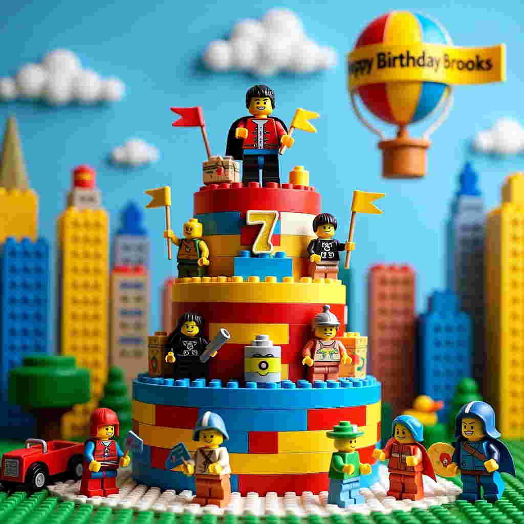 Front and center, a towering Lego birthday cake made of vibrant bricks steals the spotlight. Each tier of the cake is adorned with Lego characters in cheerful poses: a Lego pirate, a Lego astronaut, and a Lego knight, each proudly holding a tiny flag that displays the number "7". The cake's base is surrounded by miniature Lego vehicles like a bright red firetruck and a sleek blue race car. 

The background is a bustling Lego cityscape. Skyscrapers constructed from classic yellow and blue Lego bricks stretch into a clear azure sky dotted with fluffy white clouds. In the sky, a colorful Lego hot air balloon floats gently, its banner streaming out behind it with the words "Happy 7th Birthday Brooks" spelled out in bold, blocky letters that mimic Lego pieces. 

On the ground, Lego children are playfully building a large "7" from oversized Lego blocks in primary colors, with a lush green Lego park in the distance featuring trees and a tiny pond with a Lego duck.

The scene is awash in the bright, cheerful colors typical of Lego sets—reds, blues, yellows, and greens—with each Lego piece meticulously detailed, showing the signature interlocking studs and seams that make them unmistakably Lego. The entire cover feels like a vibrant diorama, capturing the whimsy and creativity of a Lego world.
Generated with these themes: Lego themed.
Made with ❤️ by AI.