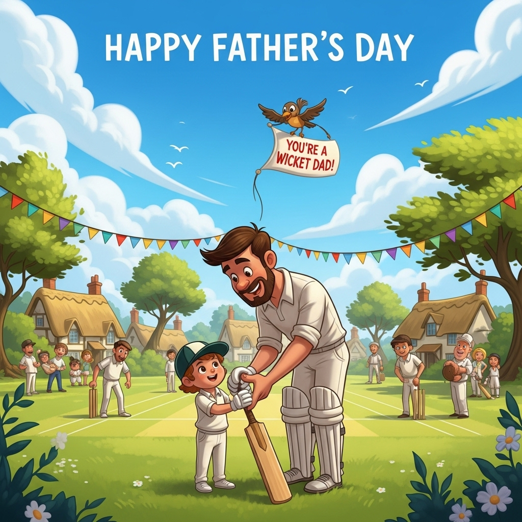 At the top of the Cartoon Style image, the text reads: "Happy Father's Day".

**Image Prompt:**

Create a vibrant and playful cartoon scene set in the picturesque countryside of Surrey during a lively village cricket match. The scene is bustling with cheerful villagers enjoying the sunny day. In the foreground, a father and child, both dressed in cricket whites, are sharing a heartfelt moment, the father teaching his child how to hold a cricket bat. Their expressions are filled with joy and pride.

In the background, the lush green cricket field is surrounded by quaint cottages with thatched roofs, and trees swaying gently in the breeze. A rainbow of colorful bunting hangs across the scene, adding to the festive atmosphere. The sky is a brilliant blue, dotted with fluffy white clouds, and a friendly bird flies overhead, carrying a small banner that whimsically reads, "You’re a wicket Dad!" in playful, bold letters.

The exaggerated features of the characters, like the father's oversized hands gently guiding his child's, and the bright, saturated colors, bring a sense of warmth and energy, perfectly capturing the sincere and joyful mood of Father's Day.
Generated with these themes: Village cricket match in surrey, and .
Made with ❤️ by AI.