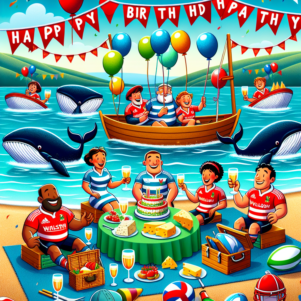 Create an image of a lively birthday celebration by the sea. There are happy boats decorated with bright party decorations floating on calm waters. Against this backdrop, there are animated whales that occasionally break the water's surface contributing to the merry ambiance. On the sandy beach, a group of characters of diverse descents and genders, clad in Welsh rugby jerseys, are savoring a picnic with a cheese platter. A rugby ball is placed not far from them, suggesting an impending friendly match as a part of the lively festivities.
Generated with these themes: Boats, Sea, Wales, Welsh rugby, and Cheese.
Made with ❤️ by AI.