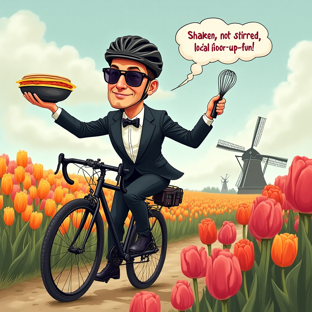 At the top of the Illustration Style image, write "Fijne Vaderdag pa!"

**Image Prompt:**

Create a humorous illustration capturing a playful mix of themes: A caricatured father figure, resembling James Bond, cycling through a vibrant tulip field in Amsterdam. He's wearing a tuxedo with a cycling helmet, balancing a mixing bowl and whisk in one hand as if he's on a mission to cook the world's best pancake. The bicycle is cleverly rigged with spy gadgets, and in the background, you see windmills and colorful tulips swaying. Add a speech bubble coming from the father, saying, "Shaken, not stirred, but definitely stirred-up fun!" 

The overall style should be hand-drawn with fine linework, textured brush strokes, and a warm, expressive color palette that brings out the playful charm of this adventurous Father's Day scene.
Generated with these themes: Cycling, James Bond, Cooking, Tulip field, Amsterdam, and .
Made with ❤️ by AI.