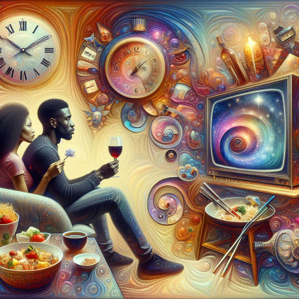 Create a surreal, abstract image that depicts a 10-year anniversary celebration. Use vibrant colors and dreamlike elements to frame a cozy living room, where a Black woman and a Black man are intently watching a Korean drama on TV. Their figures should be intertwined with symbols of time like clock hands and Roman numerals to signify a decade of togetherness. On a fantastical, whimsical table nearby, illustrate exaggerated features of various Chinese food dishes to highlight the joy of this special occasion.
Generated with these themes: Watching K-Drama on tv , Chinese food , Black woman , 10 year anniversary , and Black man .
Made with ❤️ by AI.