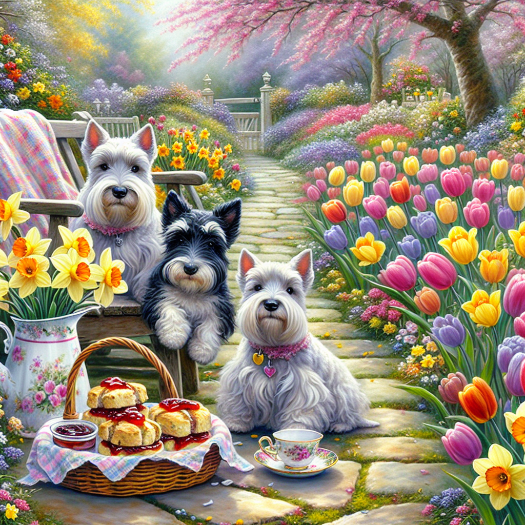 A captivating scene of a Mother's Day celebration on a bright spring morning, with three lively Scottish Terriers playing amongst a medley of brilliant tulips and daffodils in a quaint garden setting. The terriers gaily dart by a stone pathway winding its way to a country-like wooden bench decorated with a soft blanket in pastel hues. A little wicker basket packed with warm, just out of the oven scones and delicious strawberry preserves sits on the bench, alongside a dainty china tea set ready to be poured. The scent of blossoming flowers freshens the air while the faint humming of bees from afar adds to the tranquil and warm ambiance designed for honoring mothers.
Generated with these themes: Scottish Terriers .
Made with ❤️ by AI.