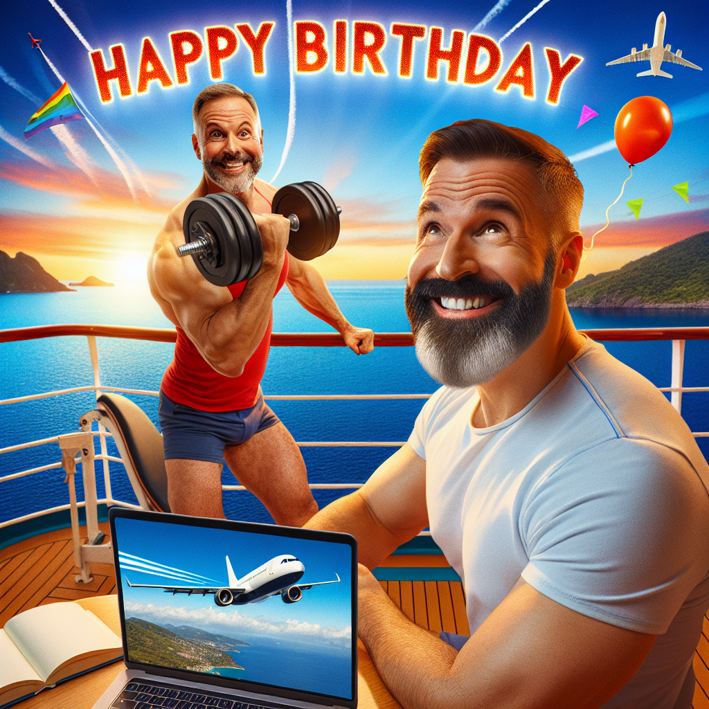 A vibrant and amusing scene unfolds on a cruise ship. A 41-year-old gay man with a well-groomed brown beard, possibly of Hispanic descent, is celebrating his birthday. His face is radiant with happiness as he lifts weights, a testament to his keen interest in fitness. Next to him, an open laptop reflects his affinity for technology or maybe his continual dedication to work. Punctuating the clear blue sky above, there's the streak of a jet, suggesting his love for adventure and travel. The view is shared with a 44-year-old bald, white American man, fostering an inclusive atmosphere for this festive occasion. The words 'Happy Birthday' float in the background, adding a layer of heartwarming well-wishes to the vibrant setting.
Generated with these themes: Gay man aged 41 with brown hair and brown beard on a cruise ship holiday, Exercising, Laptop, Aeroplane - travelling, Bald white American 44 year old man in the background, and Happy Birthday in the background.
Made with ❤️ by AI.