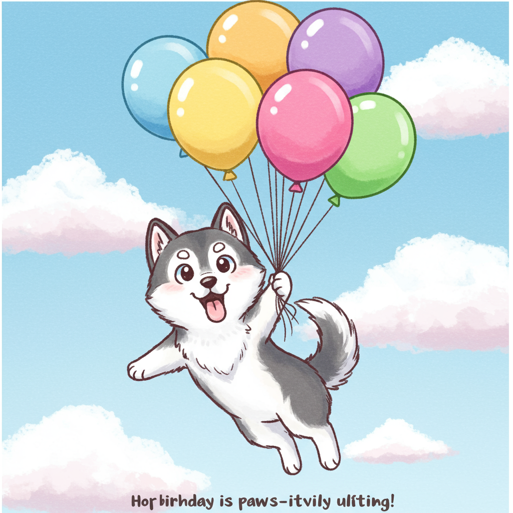 Cartoon husky with balloons , and Birthday Card