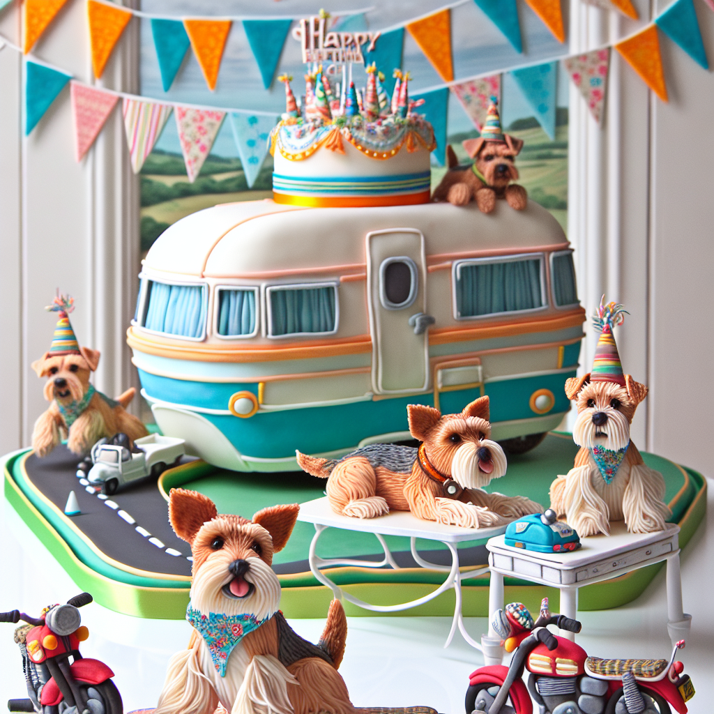 Create a joyous birthday scene featuring small terrier dogs wearing party hats, racing around a decorated caravan. The caravan has been converted into a festive hub, echoing the theme of a sailing adventure with banners mirroring the curves of ocean waves. In the heart of the celebration, a scrumptious cake sits on the top of a portable table. This piece de resistance is adorned with tiny sugar motorbikes that seem to be journeying across an icing that has been crafted to look like a detailed road map.
Generated with these themes: Little terrier dogs, Sailing, Motorbikes, and Caravaning.
Made with ❤️ by AI.