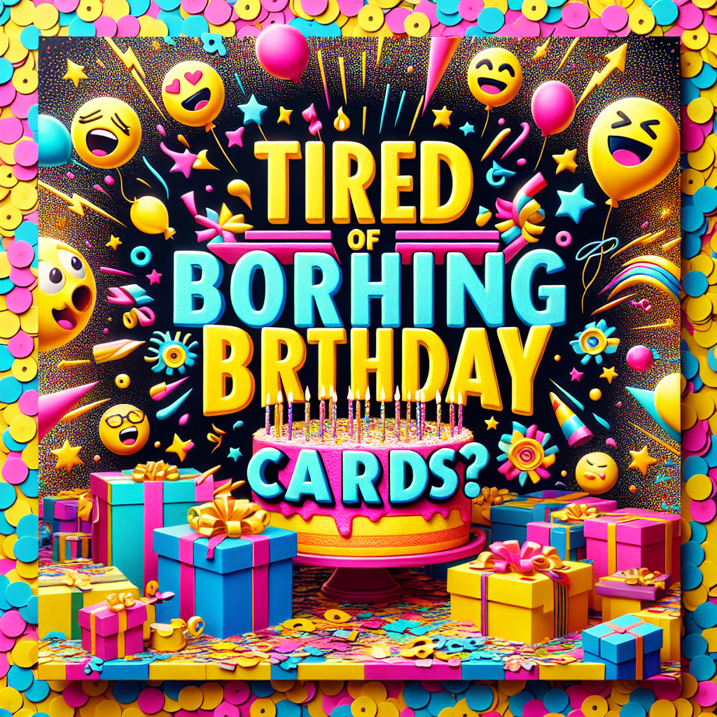 Visualize a square advertisement, bursting with an explosion of confetti in shades of yellow, pink, and blue, creating an irresistibly vibrant and cheerful atmosphere. The backdrop is filled with these joyous colors. Bold, whimsical fonts proclaim the question, 'Tired of boring birthday cards?', captivating the viewer's attention instantly. The ad is also adorned with festive illustrations: emojis with wide, joyous grins, a mouth-watering cake awaiting its candles, and gift boxes painted in an array of bright colors. All these elements come together to incite an enthusiastic, festive vibe akin to the start of a memorable birthday celebration.
Generated with these themes: A vibrant and eye-catching advertisement with a 1:1 ratio. The background is a mix of bright colors like yellow, pink, and blue with confetti and balloons. In bold, fun fonts, the phrase ‘Tired of boring birthday cards?’ is prominently displayed. Include playful graphics like smiling emojis, cake, and presents around the text to create a festive and lively atmosphere..
Made with ❤️ by AI.