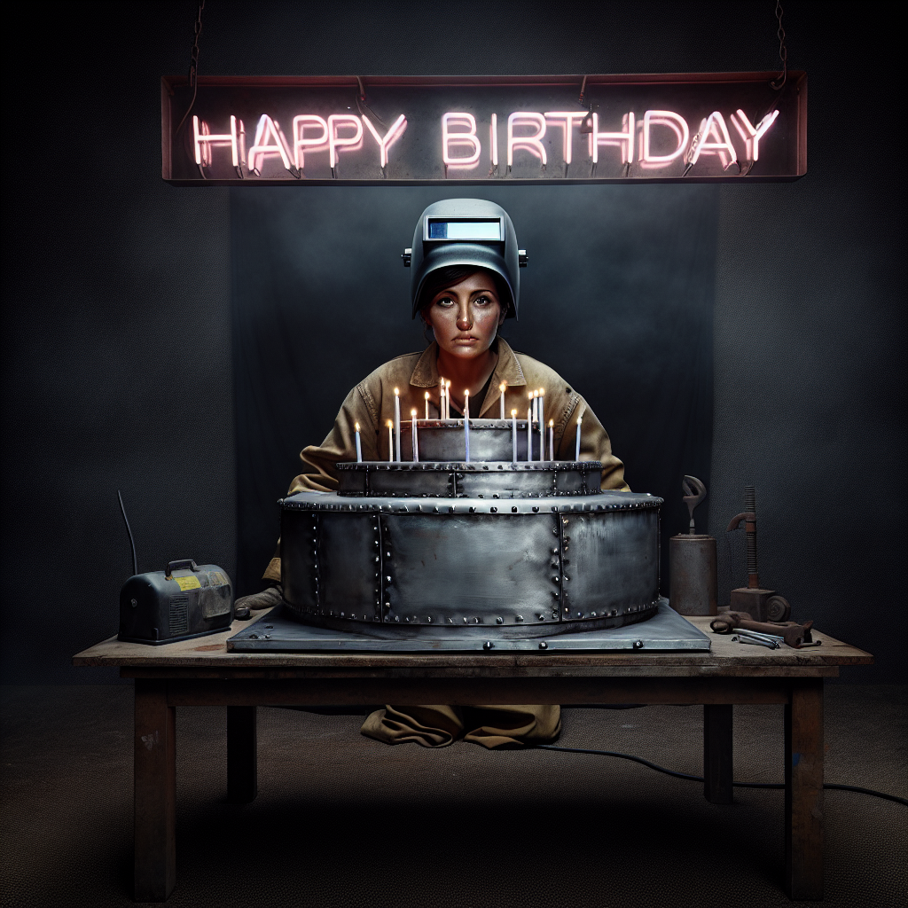 Strong woman welder in front of a metal birthday cake with happy birthday neon sign Birthday Card