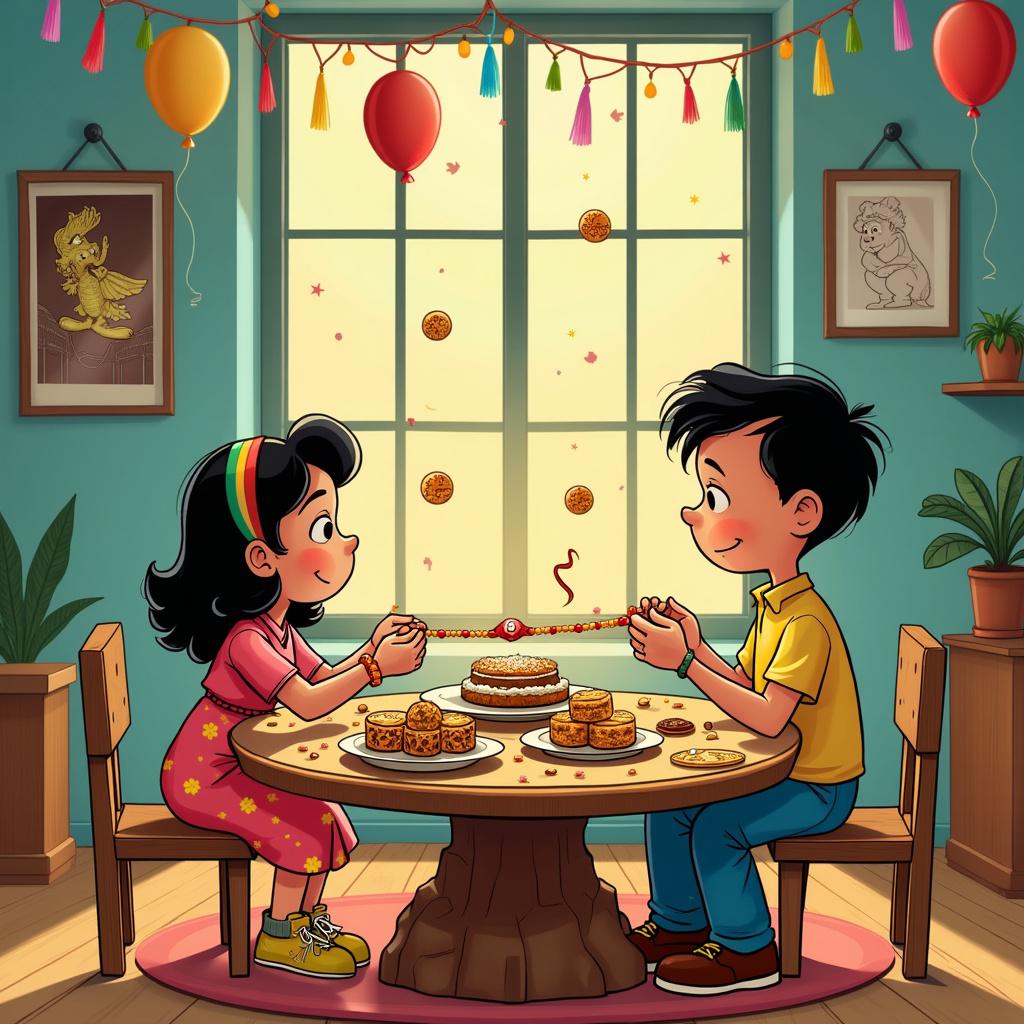 In a cozy and colorful room, the atmosphere is alive with vibrant streamers and festive balloons. The walls are lined with framed cartoon caricatures, each one a tribute to renowned cartoonists, exuding their unique essence: Schulz's simplicity, Disney's magic, Tezuka's innovation, Watterson's innocence, Larson's eccentricity, Hergé's sense of adventure, Eisner's dynamism, Spiegelman's depth, Crumb's edginess, and McCay's whimsy. At the heart of this cheerful setting is a round, robust wooden table, artfully strewn with an eclectic assortment of Indian sweets. There are jalebis twisted like Watterson's transmogrifier, ladoos that shimmer with a golden hue reminiscent of Scrooge McDuck's treasured coins, barfis quilted in patterns akin to Tezuka's panels, and pedas adorned with pistachios fashioned into whimsical symbols of the Green Lantern Corps. The table's legs are playfully carved, with one shaped to resemble Astro Boy's boots and another mimicking Little Nemo's whimsical bedposts.

In the midst of this delightful scene stands an Indian girl, resplendent in a traditional dress embellished with paisley patterns that draw upon the noir cityscapes of The Spirit. Her hair is woven into a braid, decorated with fluttering ribbons that dance in the air like a Tintin rocket, and her cheerful expression pays homage to Charlie Brown. With a sense of joy, she ties a Raksha Bandhan thread around her brother's wrist, the thread animatedly curling like one of Crumb's underground comix tendrils. Her brother, sporting a graphic tee featuring a minimalist illustration of Calvin and Hobbes sitting under a tree reminiscent of The Far Side, has tousled hair in the style of a classic Disney protagonist. His wide, excited eyes reflect a moment straight out of a Sparky comic strip as he eagerly unwraps the ribbon from a confectionery box that is designed like the cover of Maus.

The room is completed by a large bay window that frames a view of a fantastical outside world, reminiscent of Little Nemo's dreamlands, adorned with curtains that echo Eisner's splash pages. Nearby, a stand holds an anniversary greeting card adorned with an animated depiction of the siblings within a Tezuka manga panel, boldly wishing a "Happy Rakshabandhan" in dynamic Eisner-esque lettering. The rakhi itself is a tapestry of cartoon iconography, featuring a heart framed by Schulz's zigzag, its strap composed of Hergé's clear lines, and its ends fringed with Larson's whimsical squiggle.

In summary, this delightful scene captures the essence of a joyful Rakshabandhan celebration, where sweets, tradition, and heartfelt connections come together. Happy Rakshabandhan!  
Generated with these themes: A table full of sweets, Indian girl celebrating Rakshabandhan with her brother, Happy Rakshabandhan...  
Made with ❤️ by AI.