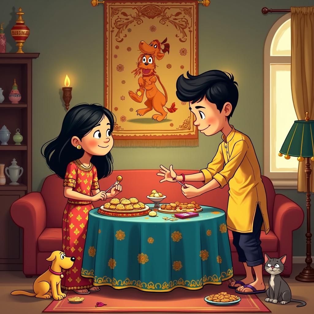 In a warmly-lit Indian-style living room transformed into a festive celebration area for Rakshabandhan, an Indian girl dressed in a colorful traditional outfit, reminiscent of a Salwar Kameez, exudes joy with her bright, friendly smile. She is playfully tying a hand-drawn, cartoonish Rakhi—a cheerful nod to her brother's wrist, while he stands nearby in a casual Kurta, wearing a goofy grin that captures the innocence and humor similar to that of Charlie Brown. Beside him is a charming toy robot, inspired by Astro Boy, merging cultural influences with a playful twist.

The round table at the center, draped in a peacock-blue cloth adorned with golden paisley designs, is overflowing with an array of delightful sweets such as laddoos, jalebis, and barfis, each styled whimsically, bringing a sense of fun akin to items from a Far Side comic. The wall behind them features a large tapestry showcasing a comic-strip narrative of their past Rakshabandhan celebrations, artistically rendered in a paneled format akin to The Spirit, combined with Hergé's clean lines.

As colorful festivities unfold, two pets—a small dog resembling Disney's Pluto and a mischievous cat reminiscent of Krazy Kat—watch the cheerful scene unfold, both donning small traditional Indian attire. The room is illuminated by a soft yet vibrant glow that highlights the warmth and richness of the celebration, akin to a scene from Little Nemo in Slumberland, enriching every detail of the food and fabric.

Adding to the festive atmosphere, a hand-crafted Rakshabandhan greeting card rests on the edge of the table, echoing the whimsical spirit of an underground comix cover by R. Crumb, carefully decorated with festive patterns and a heartfelt "Happy Rakshabandhan!" in bold, artistic lettering. Looking outside, a lively street scene unfolds, illustrated in a bustling yet harmonious style reminiscent of Winsor McCay's cityscapes, complete with flying kites and distant lanterns, making the celebration feel even more connected to the vibrant world beyond.

**Summary:** This festive scene beautifully captures an Indian girl celebrating Rakshabandhan with her brother, filled with sweets, laughter, and the warmth of family ties. Happy Rakshabandhan!  
Generated with these themes: A table full of sweets, Indian girl celebrating Rakshabandhan with her brother, Happy Rakshabandhan.  
Made with ❤️ by AI.
