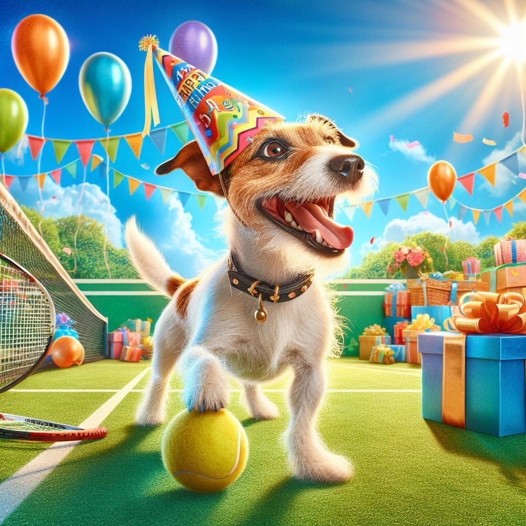 Create an image highlighting the spirit of celebration. The theme is centered on a birthday celebration with the main character being a gleeful Jack Russell terrier. The dog is fancifully decked out with a party hat and is seen enthusiastically holding onto a tennis ball, its tail indicating its high spirits by wagging energetically. The scene background oozes a festive atmosphere and features objects such as balloons, a tennis net, and a beautifully gift-wrapped present, all bathed under a radiant blue sky. The setting is set on lush green grass giving the feel of a vibrant, sunny day at a tennis court.
Generated with these themes: Jack Russell terrier, and Real tennis.
Made with ❤️ by AI.