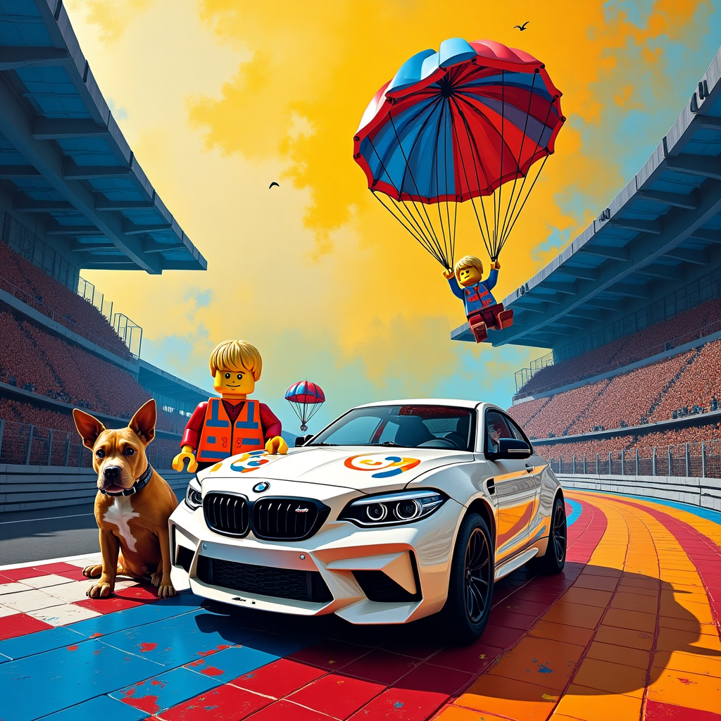 On the front of the congratulations card, an explosion of vivid colors and abstract forms creates a dynamic scene inspired by the racing world and airborne adventure. In the foreground, a blond Lego boy, meticulously crafted with his blocky charm, stands triumphantly next to a sleek white BMW M2. The car's glossy surface reflects an intricate patchwork of colors reminiscent of Piet Mondrian's geometric compositions, with bold lines and primary colors contrasting against the car’s white base. The racetrack beneath them spirals in an impossible loop, a nod to Wassily Kandinsky's swirling abstractions, each turn and twist adorned with vibrant, Pollock-esque splatters.

Above, the sky is a canvas of Rothko-inspired layered colors, a gradient from deep blues to fiery oranges, setting the stage for the blond Lego girl. She descends gracefully with a parachute that echoes Joan Miró's whimsical forms, each panel decorated with swirling shapes and playful motifs that celebrate freedom and courage. Her descent is both graceful and exhilarating, a testament to her fearless leap.

A pit bull dog, depicted with de Kooning's expressive brushstrokes, sits loyally at the boy's side, its muscular form painted in a blend of earthy tones and abstract markings, lending it an almost ethereal presence. Its eyes, keen and focused, seem to watch the girl’s descent with an eager anticipation. In the background, the track’s grandstand rises with a grid-like structure inspired by Agnes Martin's serene lines, populated by an audience crafted from colorful abstract shapes.

The scene is a harmonious chaos of movement and stillness, a celebration of achievement and daring, where each element coexists in a surreal yet jubilant tableau.
Generated with these themes: Blond lego boy and white bmw m2 at racing tarck , Blond Lego girl jumps parachute at racing track , and Pit bull dog .
Made with ❤️ by AI.