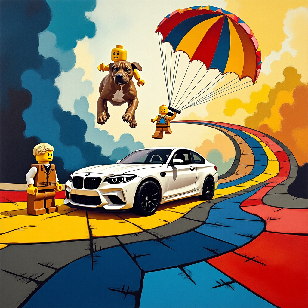 In the center of the card, a dynamic swirl of colors and geometric shapes inspired by Kandinsky and Mondrian sets the stage, merging abstraction with a vivid, dreamlike narrative. At the heart of this surreal tableau is a blond Lego boy, his simplistic yet expressive yellow face frozen in an eternal grin, standing proudly beside a sleek, white BMW M2. The car is depicted in a blend of sharp, deconstructed lines and shapes, echoing the chaotic brushwork of de Kooning and the vibrant palette of Richter, as if speeding along an abstracted racetrack made of interlocking blocks of primary colors. Above this scene, a blond Lego girl, her square hand tightly clutching a multi-colored parachute, is captured mid-descent, her parachute a riot of Pollock-esque splatters and Rothko-inspired gradients, creating a harmonious yet chaotic sky. Below her, on the racetrack, a muscular Pit Bull, stylized with a Cubist touch reminiscent of Malevich, watches intently, its form a patchwork of earthy tones and precise lines, embodying both strength and elegance. The track loops endlessly, forming a Möbius strip, suggestive of the boundless possibilities that lay ahead, unifying these disparate elements into a celebration of achievement and adventure, set against a backdrop of shifting abstract planes and patterns that invoke Miró’s whimsical surrealism.
Generated with these themes: Blond lego boy and white bmw m2 at racing tarck , Blond Lego girl jumps parachute at racing track , and Pit bull dog .
Made with ❤️ by AI.