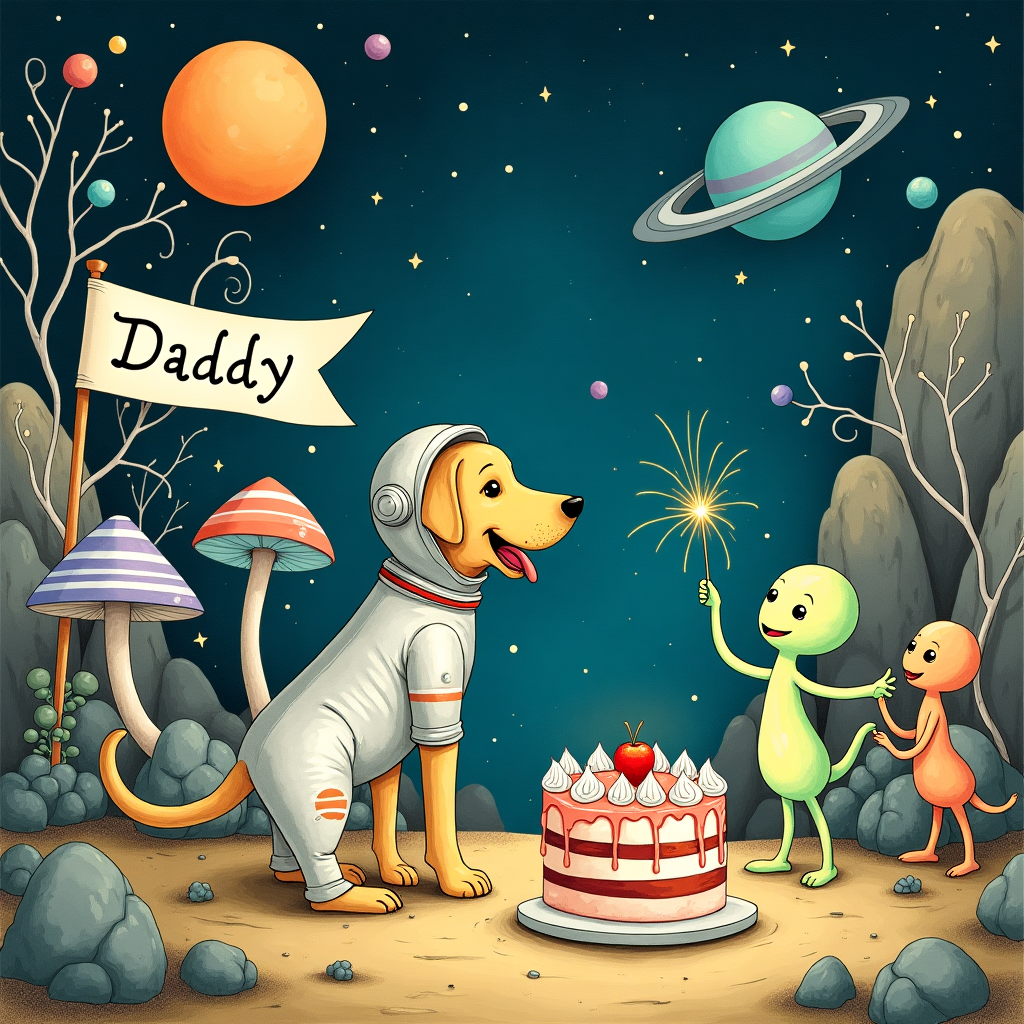 The front cover of this birthday greeting card will be an imaginative, enchanting scene with the whimsical charm reminiscent of Quentin Blake and the intricate detail found in the works of Maurice Sendak and Arthur Rackham. 

**Central Illustration:**

At the center of the card, a yellow Labrador is drawn in an animated, hand-drawn style, standing upright with an expressive pose as if joyfully exploring an alien world. The Labrador is dressed in a vintage-style, silver space suit with a rounded helmet, the visor slightly lifted to reveal its friendly, curious eyes and tongue playfully sticking out. The space suit has subtle highlights and shadows, adding depth and a hint of metallic sheen.

**Background and Setting:**

The scene unfolds on an alien planet, with a variety of fanciful plants and rocky formations that are richly detailed and textured, capturing the intricate and playful spirit of Edward Gorey's illustrations. In the background, bizarre, oversized mushrooms with striped caps of teal and coral sprout from the alien terrain, their stems swirling in unique patterns. Lush vines with luminescent, lavender tendrils weave around the rocks, giving a magical glow reminiscent of Beatrix Potter's lush environments.

The sky is a deep cerulean, with swirling constellations of stars that twinkle like Maxfield Parrish's luminous skies. Two larger celestial bodies, an orange-tinted moon and a turquoise planet with visible rings, float in the sky, casting a gentle, otherworldly light on the scene below.

**Foreground and Details:**

In the foreground, a small crater contains a birthday cake, whimsically decorated with bright red and blue frosting swirls. The cake is topped with a single sparkler, fizzing and shimmering with a playful energy. Alongside the cake, three balloon-shaped aliens, each with long, spindly arms and pastel, bulbous bodies of mint green, pink, and yellow, dance gleefully, with one holding a banner stretched between its arms.

**Textual Element:**

The banner held by the aliens reads “Daddy” in a playful, hand-lettered script, surrounded by small, glowing stars that echo the cosmic theme. The letters are embellished with tiny, ornate details inspired by Aubrey Beardsley, adding a delicate, art nouveau flair.

Overall, the scene is filled with imaginative details and vivid colors, creating a visually engaging card that celebrates the magic of exploration and adventure.
Generated with these themes: Yellow labrador in a space suit, and Alien planet.
Made with ❤️ by AI.