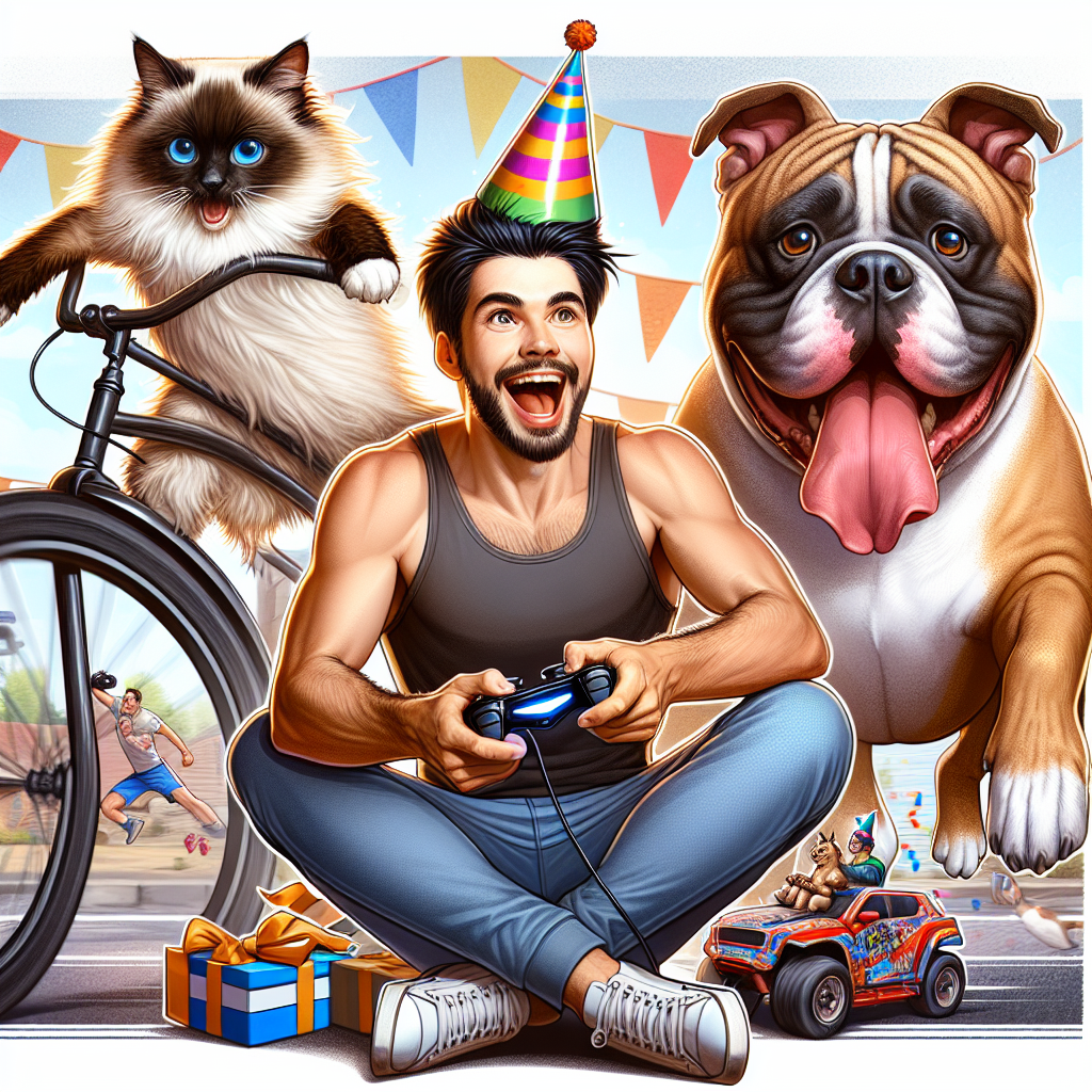 Generate a humorous birthday illustration. The scene includes a young, tall, slim Caucasian man with dark hair, ecstatically playing on his gaming console. His loyal ragdoll cat is humorously sprawled across his shoulders, while his large XL bully dog sits by his side, adorning a party hat tilted to one side. Complementing this setting, there's a comical background depiction of the man and his pets cycling together, with the man hilariously pedaling a bicycle that is clearly too small for him. This creates a lively, chaotic atmosphere of a jovial birthday celebration.
Generated with these themes: Male tall slim dark hair young, Ragdoll cat, Playstation, Xl bully dog, and Cycling.
Made with ❤️ by AI.