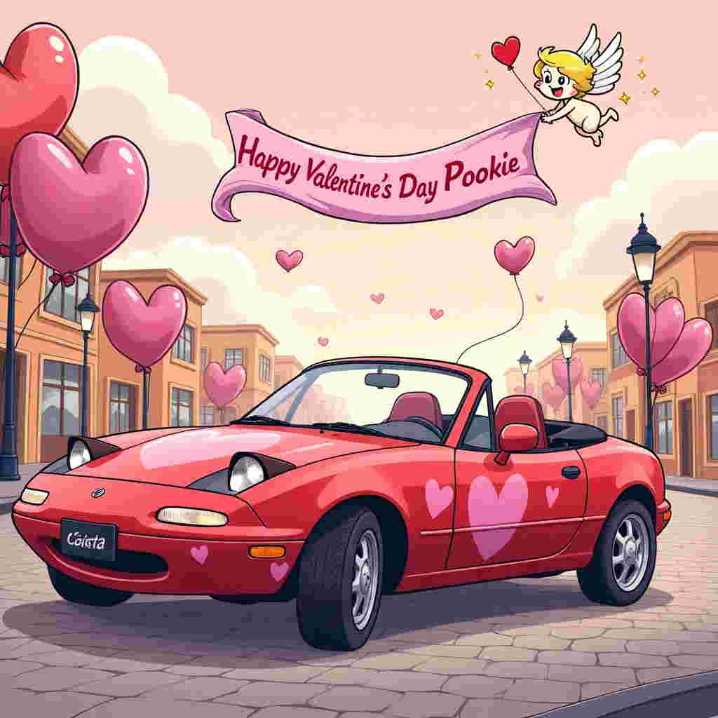 Front and center, imagine a vibrant and playful cartoon scene set against a backdrop of a soft, pastel pink sky sprinkled with floating, fluffy white clouds shaped like hearts. In the foreground, a spirited MX-5 NA convertible is parked at an angle, its vivid cherry-red paint glistening with comically oversized heart decals plastered whimsically across its surface. The car's iconic pop-up headlights are exaggeratedly large, each styled as winking eyes, adding a cheeky personality to the vehicle.

The convertible's interior is adorned with plush heart-shaped pillows in shades of candy pink and romantic red, visible over the open top. Streaming from the back of the MX-5 is a playful trail of heart-shaped balloons in a rainbow of colors, gently bobbing in the imaginary breeze as they ascend into the sky.

In the background, a classic cartoon-style cityscape with simplified, cheerful buildings—each window resembling a tiny heart—stands as a reminder of love in everyday life. Streetlamps shaped like cupid arrows line the cobblestone street where the MX-5 is parked, casting heart-shaped shadows.

Perched above, a friendly cartoon cherub, reminiscent of Disney's playful characters, swoops down holding a large banner that reads, "Happy Valentines Day Pookie" in bold, curvy letters. The banner is a bright lavender with golden sparkles, tied at each end with oversized bows.

Throughout the scene, subtle nods to the art of Schulz, Disney, and Tezuka are evident in the line work and exaggerated features, creating a blend of nostalgia and contemporary whimsy that captures the spirit of Valentine's Day with a touch of humor.
Generated with these themes: An mx5 NA with valentines day theme with hearts everywhere , and .
Made with ❤️ by AI.