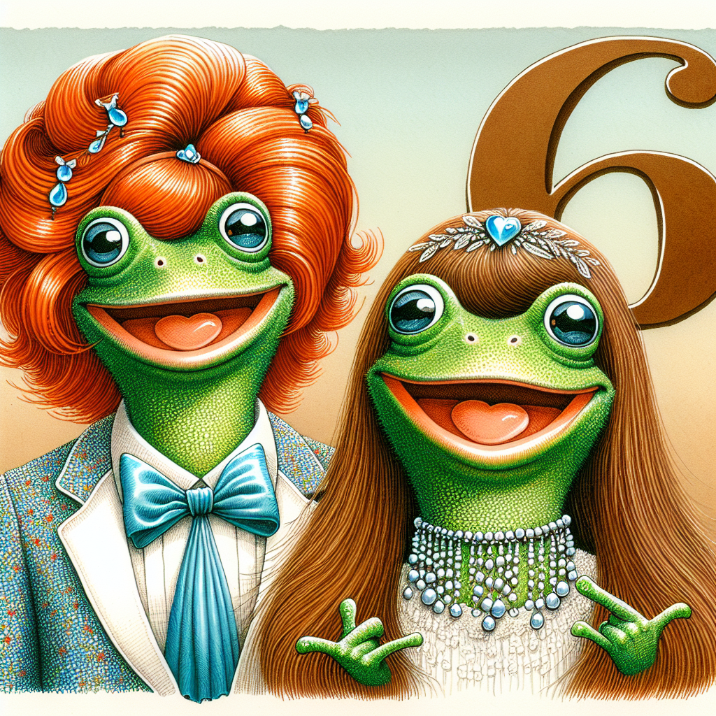 Generate a whimsical illustration that commemorates a six-year anniversary. This image should feature a couple represented as two joyful frogs. The frog portraying the male figure wears a dazzling ginger wig, and the frog representing the female figure is decorated with a long, brunette wig. Their human-like clothing and the prominent display of the number '6' in the background highlight the celebratory atmosphere of their significant milestone.
Generated with these themes: Frogs, Ginger wig on man, brunette long wig on the woman, and 6 years.
Made with ❤️ by AI.