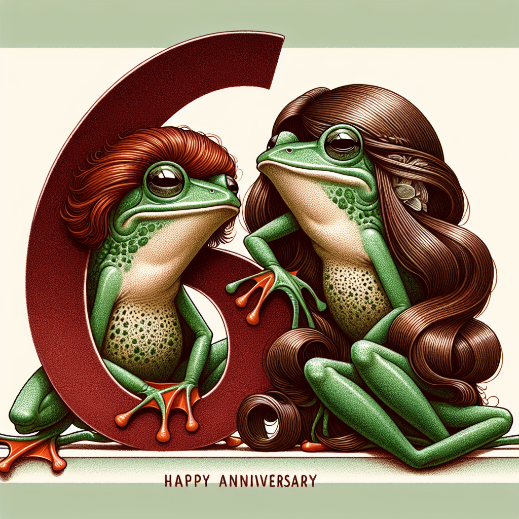 Design a whimsical anniversary illustration, showcasing two frogs humorously depicted as a couple celebrating their six-year mark. The male frog is characterized by a distinctive ginger wig, and the female frog elegantly dons a lengthy brunette wig, exuding an air of elegance. This imaginative composition aims to fuse the elements of amphibian nature with the charm of human festivities. Additionally, the number '6' is subtly and cleverly incorporated into the artwork to indicate the years of their companionship.
Generated with these themes: Frogs, Ginger wig on man, brunette long wig on the woman, and 6 years.
Made with ❤️ by AI.