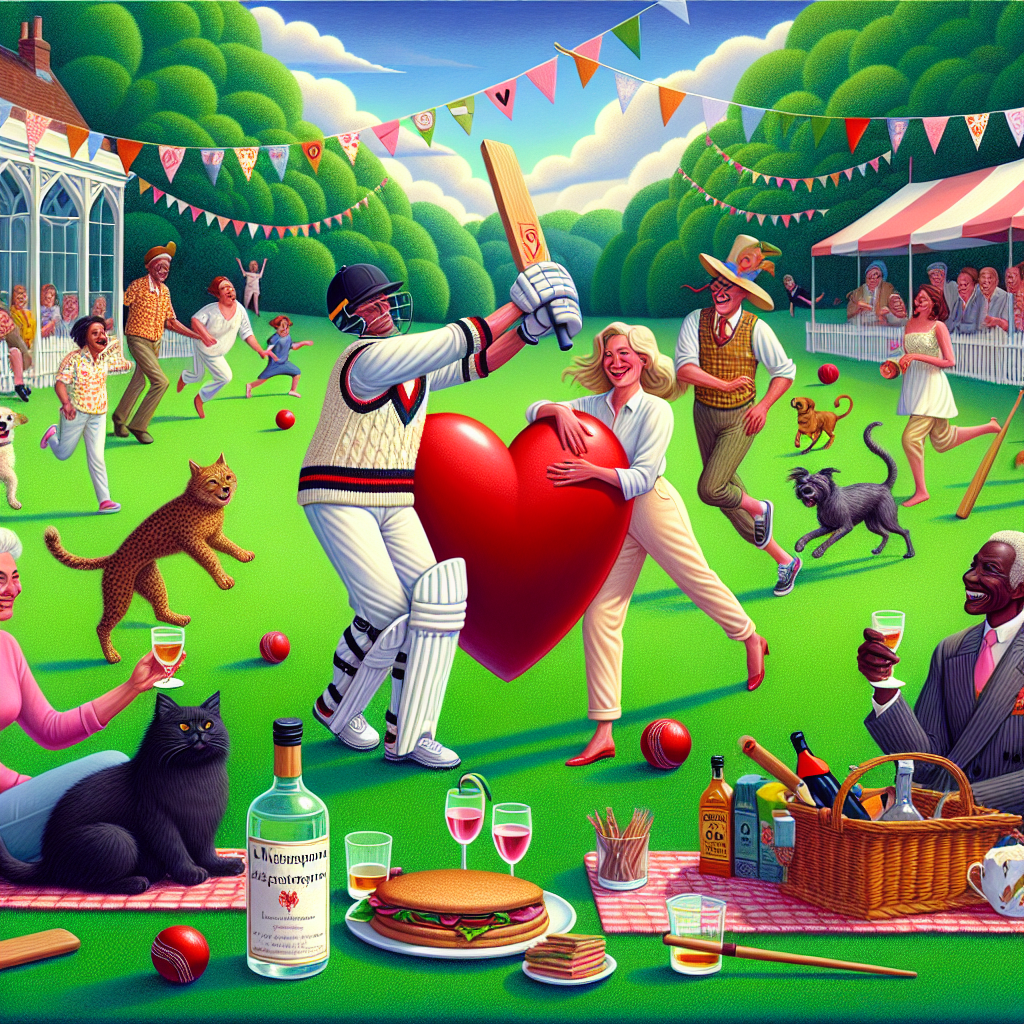 A whimsical, celebrative scene on a chipper, lush green cricket pitch, to portray an anniversary. Right in the middle, a Caucasian man and a Hispanic woman gleefully play cricket together, a wooden bat hitting a heart-shaped ball. In a nearby area, a bottle of gin and two glasses become the centerpiece of a picnic blanket, surrounded by lively cats and dogs frolicking around. All the while in the background, a proud, accomplished black head teacher observes the lot of them, a feeling of accomplishment and love emitting from their presence.
Generated with these themes: Playing cricket , Gin, Cats and dogs , and Head teacher .
Made with ❤️ by AI.