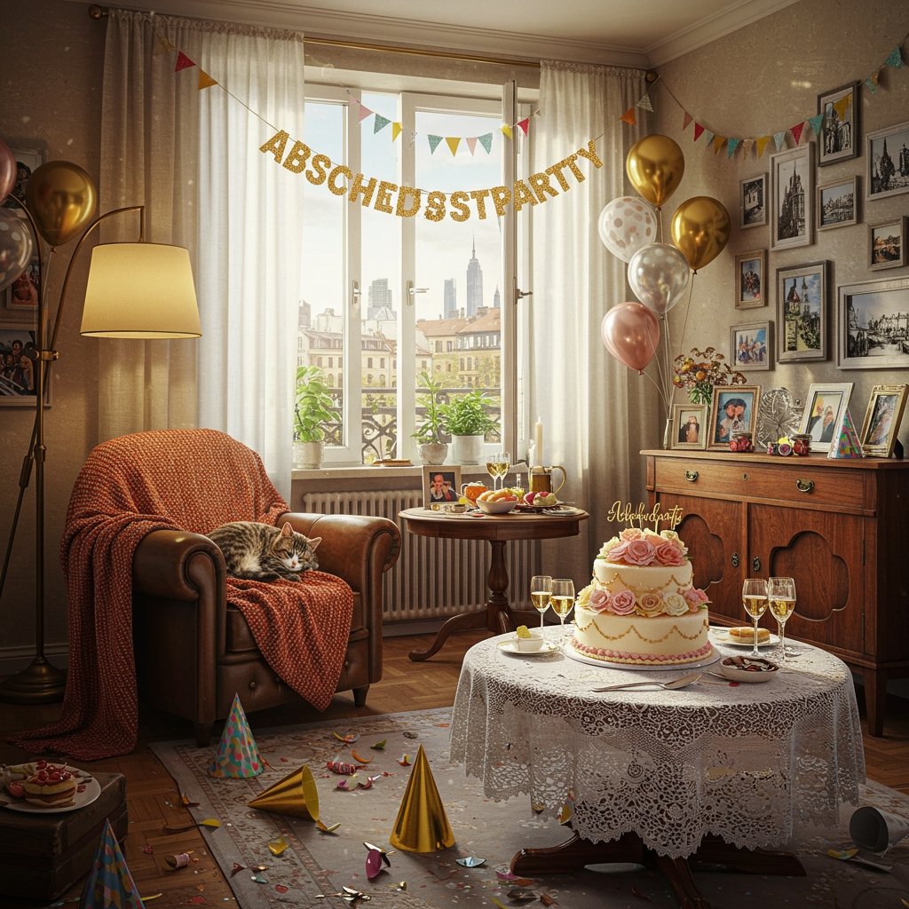 The greeting card features a lively and detailed scene set in a cozy apartment living room, capturing the essence of an "Abschiedsparty" with an anniversary twist. The room is bustling with lifelike details, inviting the viewer into the celebration.

**Foreground:**
- A large, round table sits at the center, draped in a white lace tablecloth. On it, there's a beautifully crafted cake decorated with intricate icing designs. The cake is two-tiered, each layer topped with delicate sugar roses in shades of pastel pink and cream. The word "Abschiedsparty" is skillfully piped in bold, gold frosting on the side of the cake.

**Midground:**
- To the left, a tall, elegant floor lamp with a bronze stand casts a warm glow over a vintage leather armchair, which is draped with a knitted throw in vibrant hues of orange and teal. A fluffy tabby cat with lifelike fur detail naps peacefully on the armchair's cushion.
- On the right side, an antique wooden sideboard displays a collection of framed photos capturing happy memories. Each frame is different, ranging from polished silver to rustic wood, showcasing black and white and color photographs.

**Background:**
- A large window with sheer curtains lets in the afternoon sunlight, casting playful shadows on the wooden floor. Outside, one can see a vibrant cityscape, with towering buildings painted in realistic detail and bustling streets below.
- The far wall is adorned with a colorful "Abschiedsparty" banner strung above a collection of balloons. The balloons are in shades of metallic gold, silver, and soft pink, with some reflecting the light, giving them a glossy, almost glass-like appearance.

**Additional Details:**
- Scattered on the floor, party hats and streamers add pops of color. They are in a variety of patterns, including stripes, polka dots, and glittery finishes.
- A small table near the window holds an assortment of snacks and beverages, with crystal-clear glasses and a decanter filled with a rich amber liquid.

The scene is vibrant with rich textures and colors, capturing every lifelike detail to create a visually compelling and humorous anniversary "Abschiedsparty."
Generated with these themes: Abschiedsparty Wohnung.
Made with ❤️ by AI.