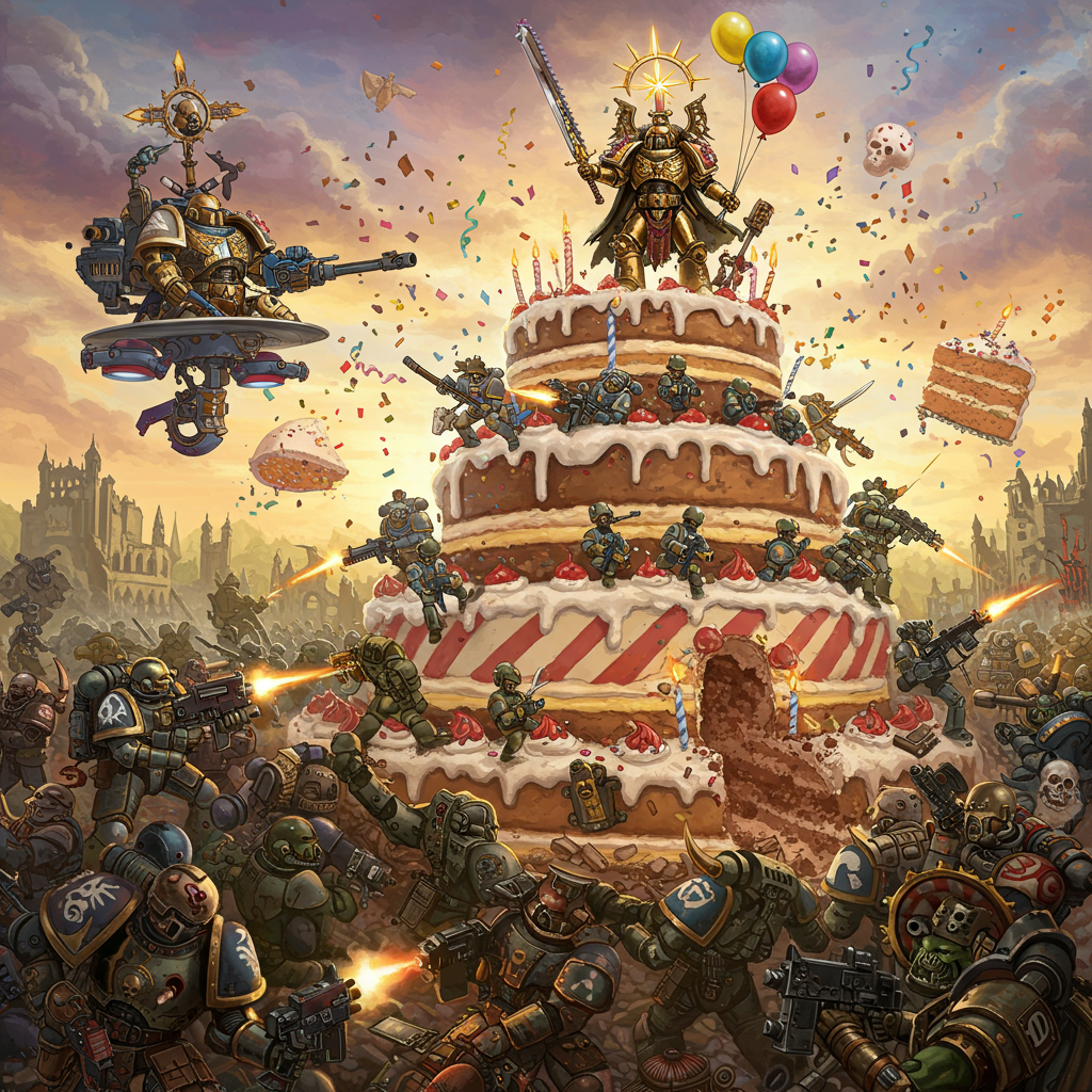 **Image Prompt:**

At the top of the illustration image: *"HAPPY 11TH BIRTHDAY, FINN — LET THEM EAT CAKE (AND BOLTER FIRE!)"*

A surreal Warhammer 40K warzone birthday scene explodes with colour and chaos: In the center stands a towering, monstrous birthday cake — over 30 feet tall — frosted in hazard-striped icing and glowing with sacred runes. Chaos Space Marines and Imperial Guardsmen battle across its frosting-covered tiers, sliding in custard craters and leaping over burning candle turrets. Sprinkles fall from the sky like confetti shrapnel. Finn, in glorious golden Primarch armour, rises from the top of the cake on a hovering servo-platter, wielding a frosting-covered chainsword and a balloon in the other hand. Cupcake grenades explode in the trenches. An ork warboss bites into a slice the size of a tank. A battle-bard Servo Skull drones out a chorus of “Happy Birthday” in Gothic choir tones while confetti-flak fills the air. Everything is glorious, ridiculous, and drenched in sugary chaos.
Generated with these themes: Warhammer 40k, warzone, huge cake 11th birthday.
Made with ❤️ by AI.