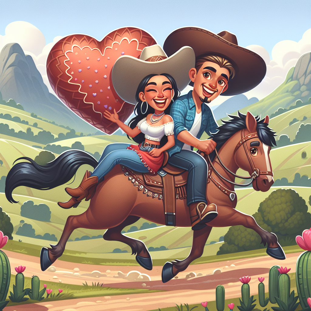 Create a cartoonish and whimsical anniversary illustration. It depicts a joyous Hispanic female cowgirl and her South Asian male partner, both riding on friendly horses amid the rolling hills of a landscape inspired by Thailand's tranquil countryside. The couple shares a moment of laughter as they hold onto oversized, heart-shaped chocolates, symbolizing their affectionate love on this significant day.
Generated with these themes: Horses, Chocolate , Thailand, and Cow girl.
Made with ❤️ by AI.