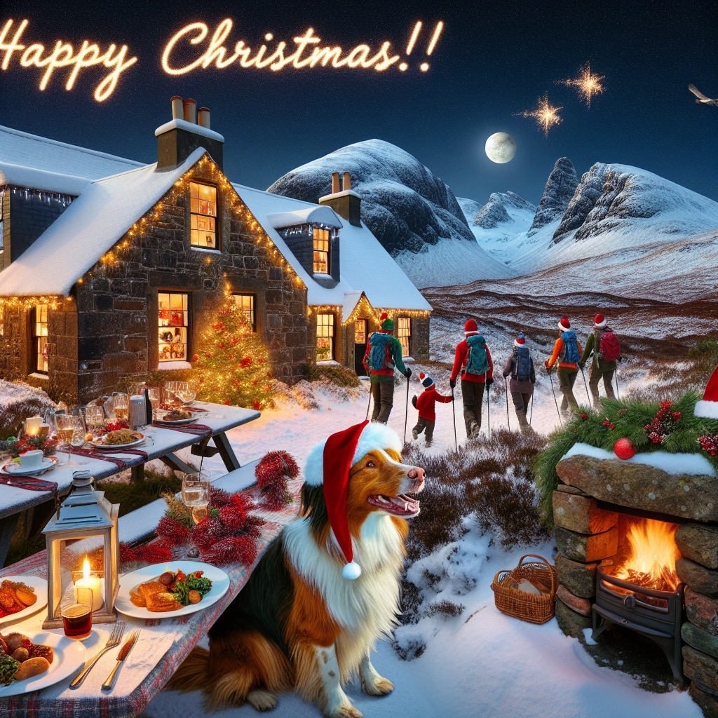 A festive scene unfolds with a smile-inducing Duck Toller wearing a Santa Claus hat, sitting obediently outside a charming cottage on the Isle of Skye. The cottage is adorned with Christmas lights and decorations, nestling amidst a snowy landscape. A fine dining table is set beside a crackling outdoor fireplace, with elegantly plated holiday fare. In the background, hikers are seen with trek poles and festive attire against a backdrop of snow-capped peaks. Above this merry gathering, the words 'Happy Christmas!!' sparkle in the starry night sky.
Generated with these themes: Duck toller , Isle of Skye, Fine dining, and Hiking.
Made with ❤️ by AI.