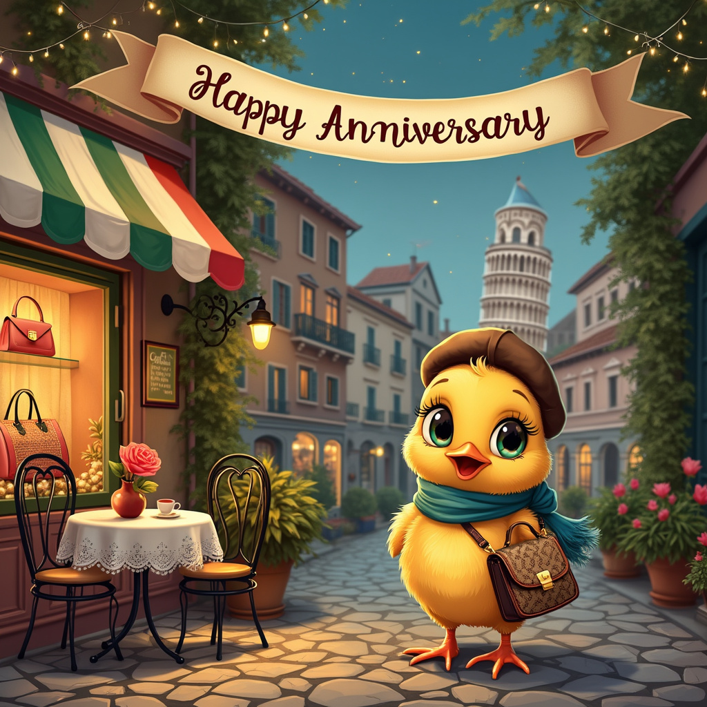 In the foreground of the anniversary scene, we see a cute, plump chick wearing a tiny, stylish beret and a miniature scarf, reminiscent of Parisian chic but set in the heart of Italy. The chick, with its big, expressive eyes and cheerful beak, is carrying an adorable designer bag – a miniature, high-fashion purse with intricate, hand-stitched patterns and a tiny, golden clasp. This bag has a famous logo on it, subtly hinting at a luxurious brand. 

To the left, there's a picturesque Italian café with a striped awning in shades of green, white, and red, echoing the Italian flag. The café's outdoor seating includes a small, round table with an elegant lace tablecloth and two chairs, each featuring wrought iron backs adorned with heart shapes. On the table, a tiny, elegant vase holds a single red rose, adding a romantic touch. 

In the background, the scene extends to a bustling Italian street lined with charming boutiques showcasing various designer bags in their window displays. The boutiques' windows are adorned with twinkling fairy lights, giving them a magical, festive look. Each bag is distinct – one with bold patterns and another with sleek, modern lines, reflecting different fashion styles.

Further back, iconic Italian landmarks like the Leaning Tower of Pisa and a distant view of the Colosseum are faintly visible, suggesting that this scene is set in a beautiful, historic part of Italy. Small cobblestone streets wind through the scene, leading the eye through the charming Italian village.

Above the scene, a banner with elegant calligraphy spells out “Happy Anniversary” in a playful, whimsical font. The sky is a beautiful twilight blue, dotted with a few stars beginning to twinkle, capturing the magical essence of an evening in Italy. 

The overall composition blends the charm of classic cartoon artistry with the elegance of Italian culture and high-fashion elements, creating a unique and captivating anniversary scene.
Generated with these themes: Designer bags, Chick, and Italy.
Made with ❤️ by AI.