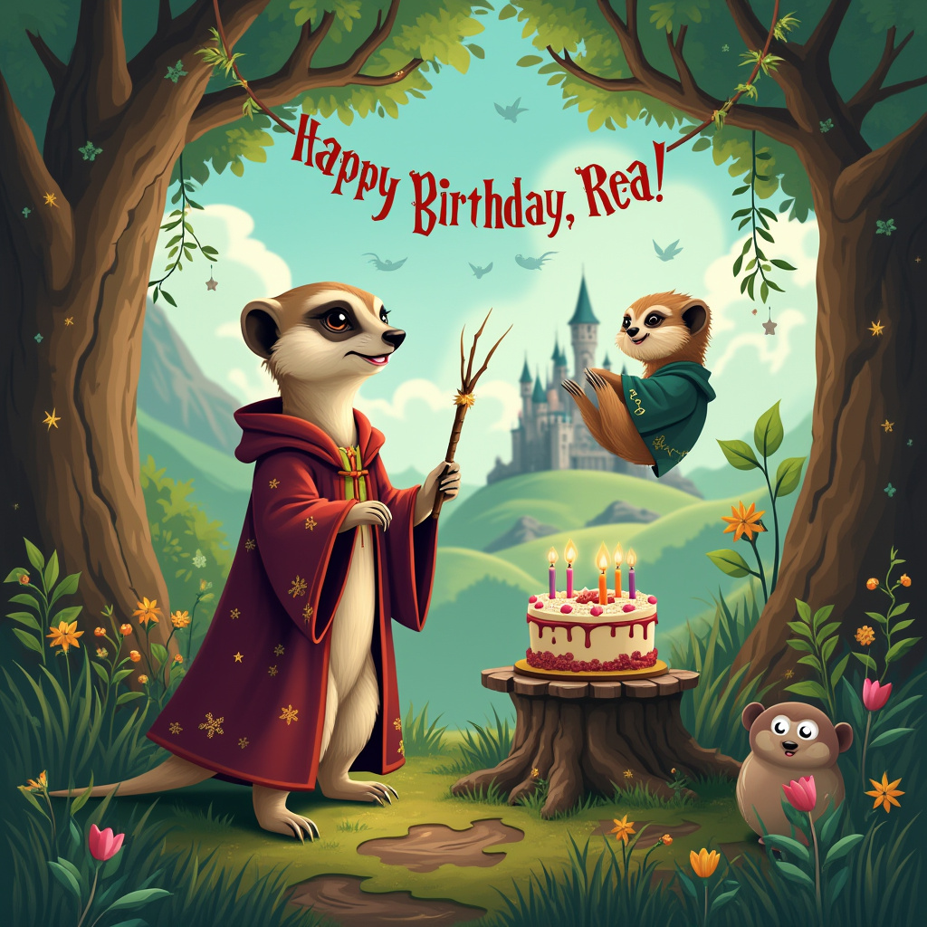 In the whimsical world of "The Magical Meerkat and Sloth Chronicles," set amidst the lush, vibrant greenery of a mystical forest, we find our two charming protagonists, a cute meerkat and a delightful sloth, both donning classic Harry Potter-style robes. The meerkat, with its inquisitive eyes and pointed nose, stands proudly on its hind legs, gripping a tiny wand made of a twinkling twig. Its robe is a deep maroon, adorned with golden stars that seem to shimmer in the gentle dappled sunlight streaming through the canopy. The meerkat is joyfully exclaiming "Happy Birthday," with a speech bubble trailing upwards.

Adjacent to the meerkat, the sloth is leisurely hanging from a low branch, smiling contentedly. The sloth’s robe is a deep emerald green, its edges trimmed with silver embroidery depicting little snitches in mid-flight. On the branch above them, there's a charming birthday banner strung between two trees, its letters formed from entwined vines and colorful flowers spelling out "Happy Birthday, Rea!" in vibrant hues that stand out against the lush foliage.

In the background, the scene is set with an enchanting magical castle, reminiscent of Hogwarts, nestled in the distance among the rolling hills. The sky is a brilliant azure, scattered with fluffy clouds, some shaped whimsically like spell books and wizard hats. At the foot of the tree, there's a small birthday cake perched on a tree stump. The cake is adorned with sparkling candles and is shaped like a potion cauldron, bubbling over with sweet frosting and a tiny sugar owl perched on top, keeping watch over the celebration.

In this scene, every element is infused with a touch of magic and fun, inviting Rea into a world where birthdays are celebrated with whimsical enchantment and the delightful camaraderie of a meerkat and sloth.
Generated with these themes: A cute meerkat is saying happy birthday to a cute sloth, They are both wearing Harry potter style robes, and They are both smiling .
Made with ❤️ by AI.