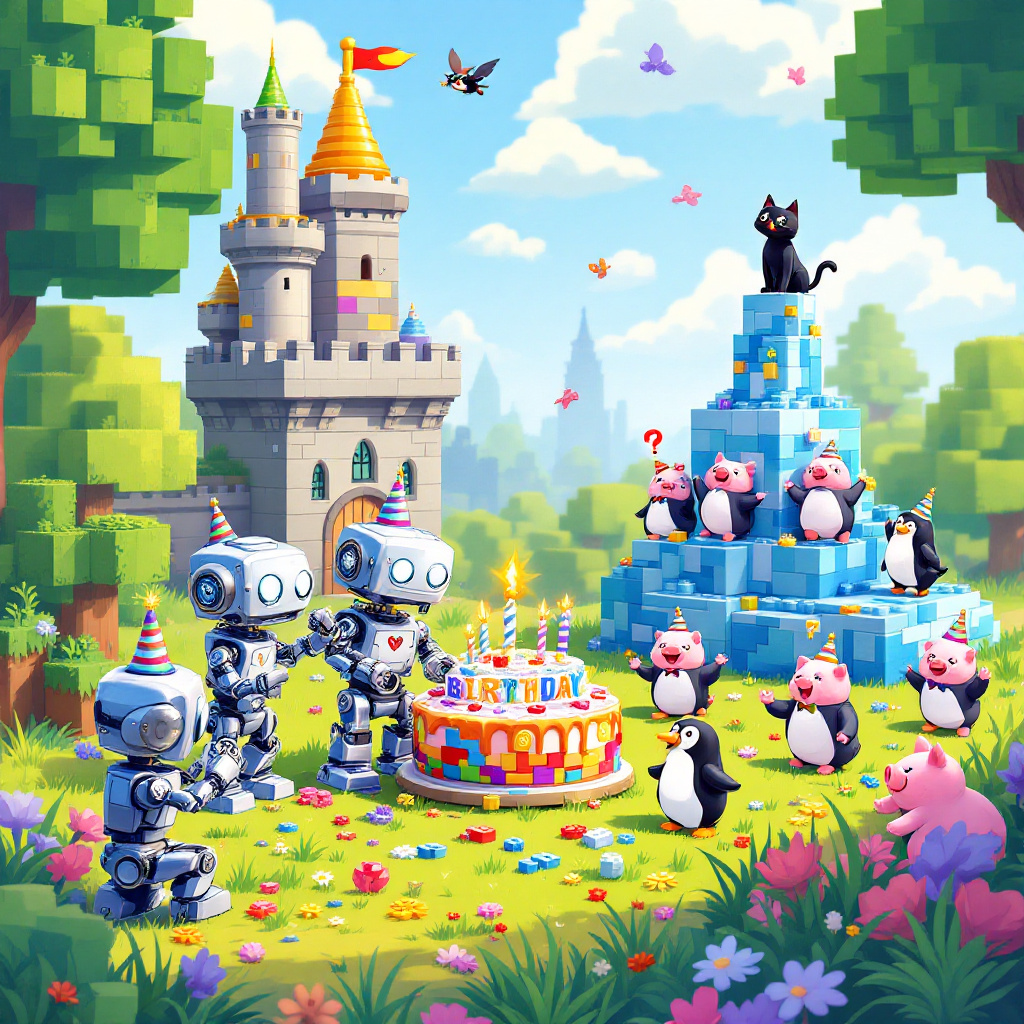 In this fantastical birthday scene, the illustration bursts with a patchwork of whimsical elements seamlessly blending into one another. The foreground features a vibrant, grassy Minecraft landscape where blocky trees and pixelated flowers sprout beside a sturdy Lego-brick castle, intricately detailed with turrets and towers. Amidst this playful terrain, a group of cheerful mechanical robots, with polished metallic exteriors and gears spinning, are joyfully building a birthday cake made of colorful Lego blocks, their robotic arms expertly arranging the pieces. To the right, a troupe of mischievous penguins, adorned with tiny top hats and bowties, engage in a lighthearted dance on an icy platform composed of shimmering blue and white Lego bricks. Nearby, a group of pigs with mischievous twinkles in their eyes romp around, their pink skin contrasting against the vibrant greens of the landscape. They are not alone in their merriment; a sleek black cat, with an elegant tail curled like a question mark, observes the festivities with playful curiosity, perched atop a blocky stone wall. In the sky above, fluffy clouds are artistically shaped to spell "Toby Happy 10th Birthday!" as if crafted by the hands of a cloud-sculptor, each letter a soft, cottony formation set against a vivid azure sky. This lively, story-rich scene invites the viewer to explore every detail, each element a tribute to Toby's love for building, adventure, and imagination.
Generated with these themes: Minecraft, Minecraft, Lego, Mechanical robots, Pigs, Penguins, and Black cat.
Made with ❤️ by AI.