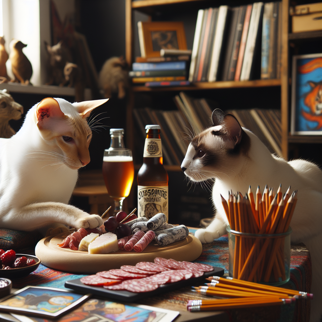 Create an image of a peaceful scene where a tranquil white oriental cat and a lively Siamese cat are engaging with each other in a tender moment. The space around them is designed cozily, decorated with a mouth-watering selection of charcuterie and handmade craft beer. A hint of creativity can be noticed with pencils scattered in one corner, indicative of the art ventures the pair appreciates. In the background, an array of classic DVDs and vinyl records are arranged in an orderly fashion, offering a retro and personal touch to their celebratory occasion.
Generated with these themes: White oriental cat, Siamese cat, Food, Craft beer, Pencils, Dvds, and Vinyl.
Made with ❤️ by AI.
