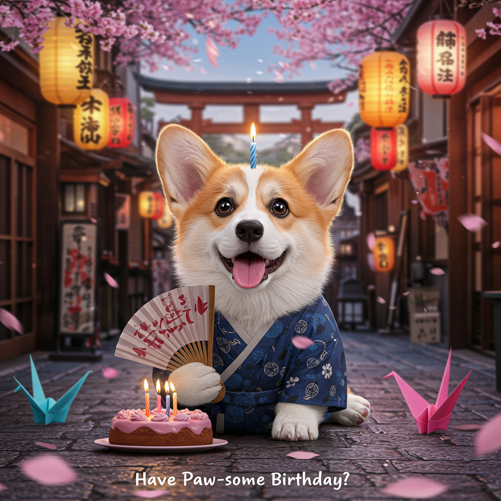 **Image Prompt:**

Capture a whimsical scene set in a bustling Japanese street during the cherry blossom season. In the foreground, a charming corgi is caught in a moment of delightful mischief. This adorable pup is dressed in a tiny kimono, complete with a traditional Japanese folding fan clutched between its paws. The corgi's expressive eyes are wide with excitement as cherry blossom petals gently fall around it. 

In the background, vibrant paper lanterns sway gently in the breeze, and a distant Torii gate is visible under the soft glow of lantern lights. The corgi seems to be mid-celebration, surrounded by miniature paper cranes and a small cake with a lit candle balanced precariously on its nose.

**Text Caption:**

"Have a Paw-some Birthday!"
Generated with these themes: Japan, Corgi , and .
Made with ❤️ by AI.
