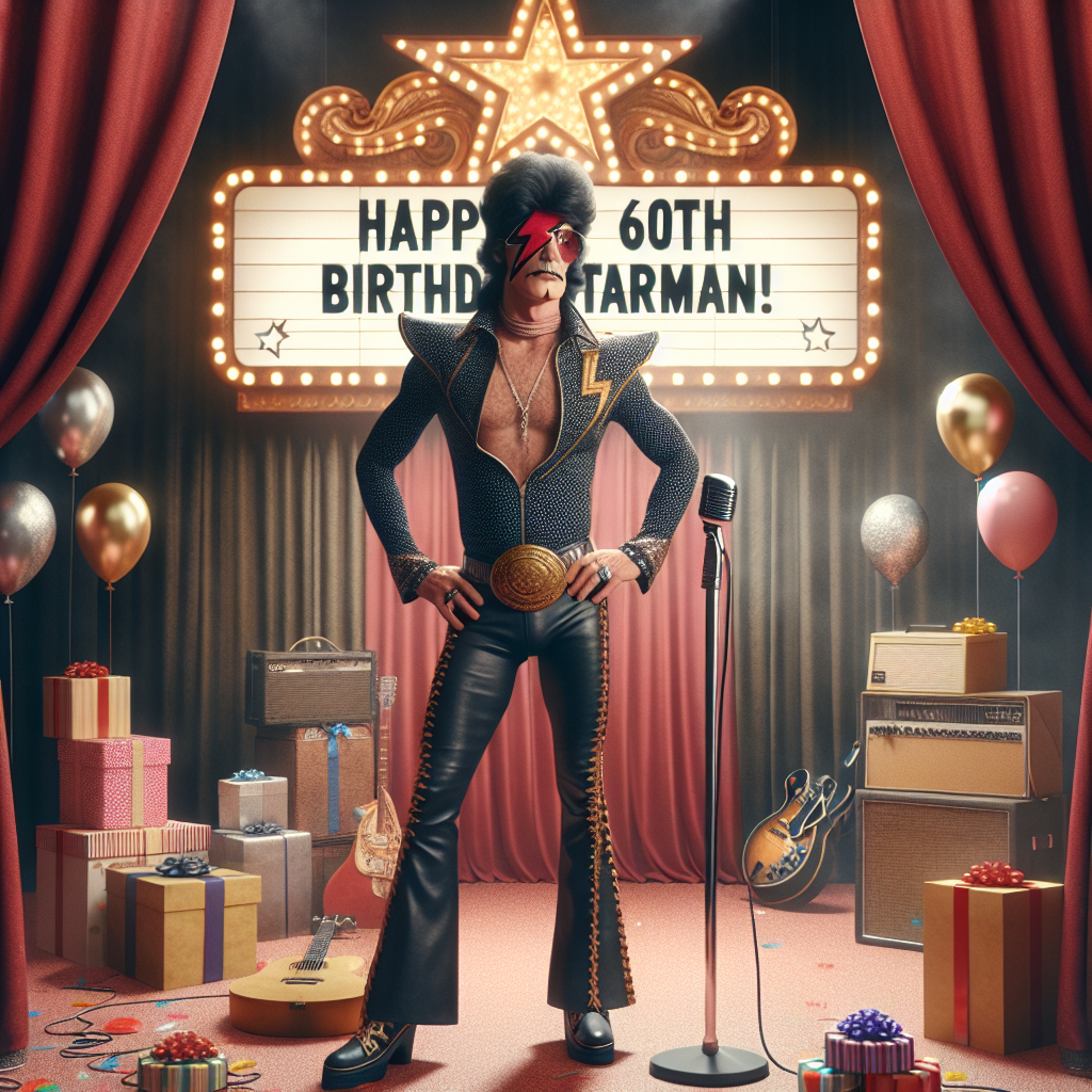 An old-fashioned theater setting comes alive with a flamboyantly dressed male rock star, whose face is adorned with a lightning bolt makeup, marking an iconic style from the 1970s era. He is celebrating a landmark birthday with his 60th year being announced. The stage displays festive theatrical curtains and the rock star stands poised with a vintage microphone. Adding to the jubilation, balloons float around, gifts scatter the floor and the marquee above announces 'Happy 60th Birthday Starman!' This gives a nod to the rock and roll genre while maintaining respect for individual identities.
Generated with these themes: David Bowie, 60, and Theatre.
Made with ❤️ by AI.