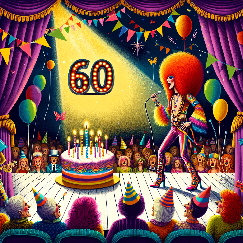 A vibrant birthday illustration showcasing a flamboyant rock star, known for his fiery red hair and multicolored outfit, taking the center stage at a whimsical theater. He is surrounded by colorful balloons and a cake, with the number '60' in spotlight at the background. The audience is filled with people dressed in outlandish styles from different eras, all wearing festive party hats. The rockstar and the audience encapsulate the spirit of the 70s and 80s glam rock era.
Generated with these themes: David Bowie, 60, and Theatre.
Made with ❤️ by AI.