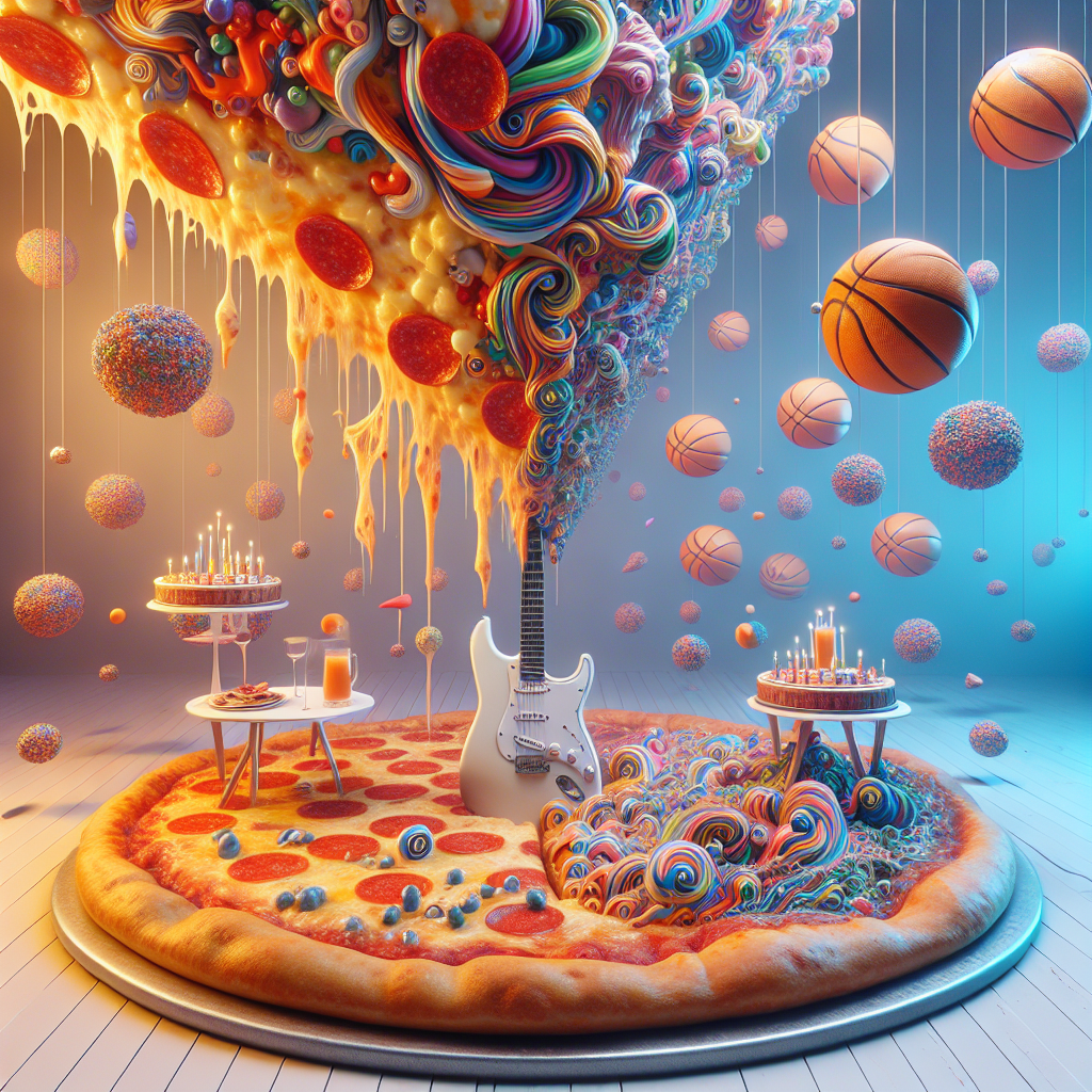 Imagine a scene that encapsulates the spirit of surreal abstraction on the occasion of a birthday celebration. The centerpiece of this tableau is a gigantic pepperoni pizza that transitions into an original table where the party takes place. The pizza slices intriguingly double up as eccentric cake layers, with their melting cheese cascading into pools filled with a spectrum of exhilarating colours. An electric guitar is casually propped against the pizza, its strings seeming to have a mind of their own as they rhythmically pulsate, radiating a kaleidoscope of neon lights and sparks. Suspended above this main spectacle, a cluster of basketballs revolves, each one spinning and performing pirouettes, their textured exteriors harmoniously merging with the whimsically swirling sky.
Generated with these themes: Pepperoni pizza , Electric guitar , and Basketball .
Made with ❤️ by AI.
