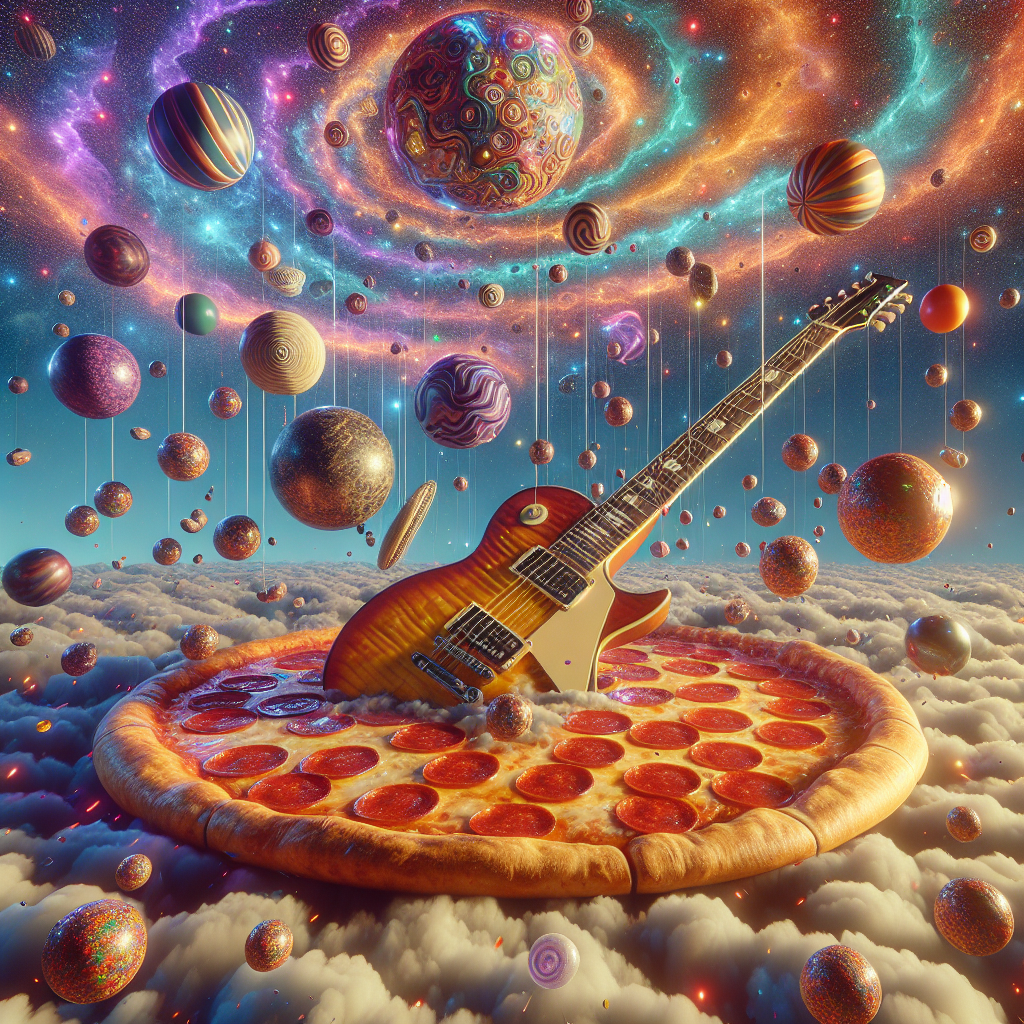 In an abstract, Surrealist inspired scenario, we observe a birthday celebration occurring in an outlandishly unusual locale. The heavens above mimic a kaleidoscope, filled with a miscellany of jumbled shapes and vigorous patterns that animate the scene with an other-worldly glow. Hovering mid-air, a gigantic pepperoni pizza floats, its expansive surface serving as a buoyant island above. Piercing through this landscape is an electric guitar, it is glistening with a rainbow array of radiant lights, its strings emitting supernal sounds that can be heard echoing into the distance. Ball-like objects which resemble basketballs are suspended in mid-air, performing a peculiar dance that undulates the surrounding space, their movements trailed by glittery residue.
Generated with these themes: Pepperoni pizza , Electric guitar , and Basketball .
Made with ❤️ by AI.