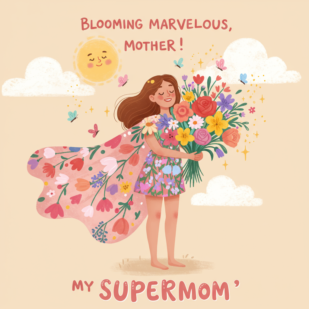 **Image Prompt:**  
At the top of the illustration image, add the text: *“Blooming marvellous, Mother!”*  

Create a cute, whimsical illustration in a warm pastel palette. A joyful woman stands proudly in a superhero stance, wearing a flowing cape made of flower petals, holding a huge bouquet of assorted cheerful spring blooms that nearly cover her entire upper body. She's smiling with eyes closed, basking in the floral fragrance, with butterflies playfully fluttering around her head like adoring fans. The background features a sunny sky with puffy heart-shaped clouds, and tiny sparkles drift through the air. At the bottom of the image, in fun hand-lettered text, include the bold title: *“MY SUPERMOM”*.
Generated with these themes: A woman holding flowers, and Name the title MY SUPERMOM.
Made with ❤️ by AI.
