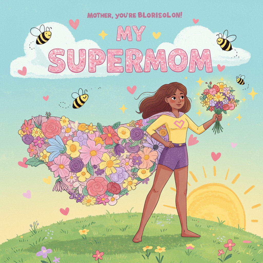 **Image Prompt:**  
At the top of the illustration image: *"Mother, you're BLOOMIN’ marvelous!"*

An adorable, hand-drawn illustration in a whimsical and colorful style. A confident woman is striking a superhero pose—hands on her hips—with a flowing floral cape made entirely of fresh flowers billowing dramatically behind her. She's standing on a sunny grassy hill surrounded by floating pastel hearts, sparkles, and bees buzzing cheerfully. She holds a vibrant bouquet in one hand like a magical staff, glowing with pinks, purples, and yellows. The title "MY SUPERMOM" is boldly lettered across the sky behind her in big, bubblegum-pink letters with glittery accents. The whole scene should radiate warmth, joy, and superpowered cuteness.
Generated with these themes: A woman holding flowers, and Name the title MY SUPERMOM.
Made with ❤️ by AI.