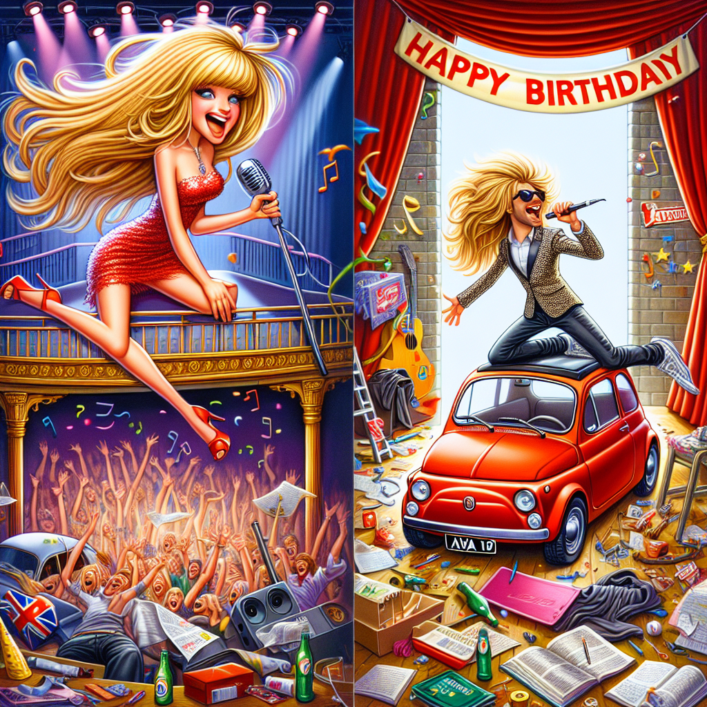 A vivid cartoon-style birthday scene occurs with a long, blonde-haired girl joyously singing and dancing on a theatre stage roof. She enhances the party-like ambiance, perched on a bright red Fiat 500 with a number plate reading 'AVA 19', signifying the celebration. A 'Happy Birthday' sign flutters in the background, pouring in some additional merriment. Contributing to the scene's playful chaos is a fashionable animated male pop singer, donned in a striking dress, lending a stylish, humorous touch. Below, a disorderly student's quarters filled with scattered books and clothes, portrays a snapshot of life's disarray amidst the festivities.
Generated with these themes: Girl with long blonde hair singing and dancing on a theatre stage roof on a red Fiat 500 with the number plate that says AVA 19, Happy Birthday sign, Harry Styles in a dress, and Messy student accommodation.
Made with ❤️ by AI.