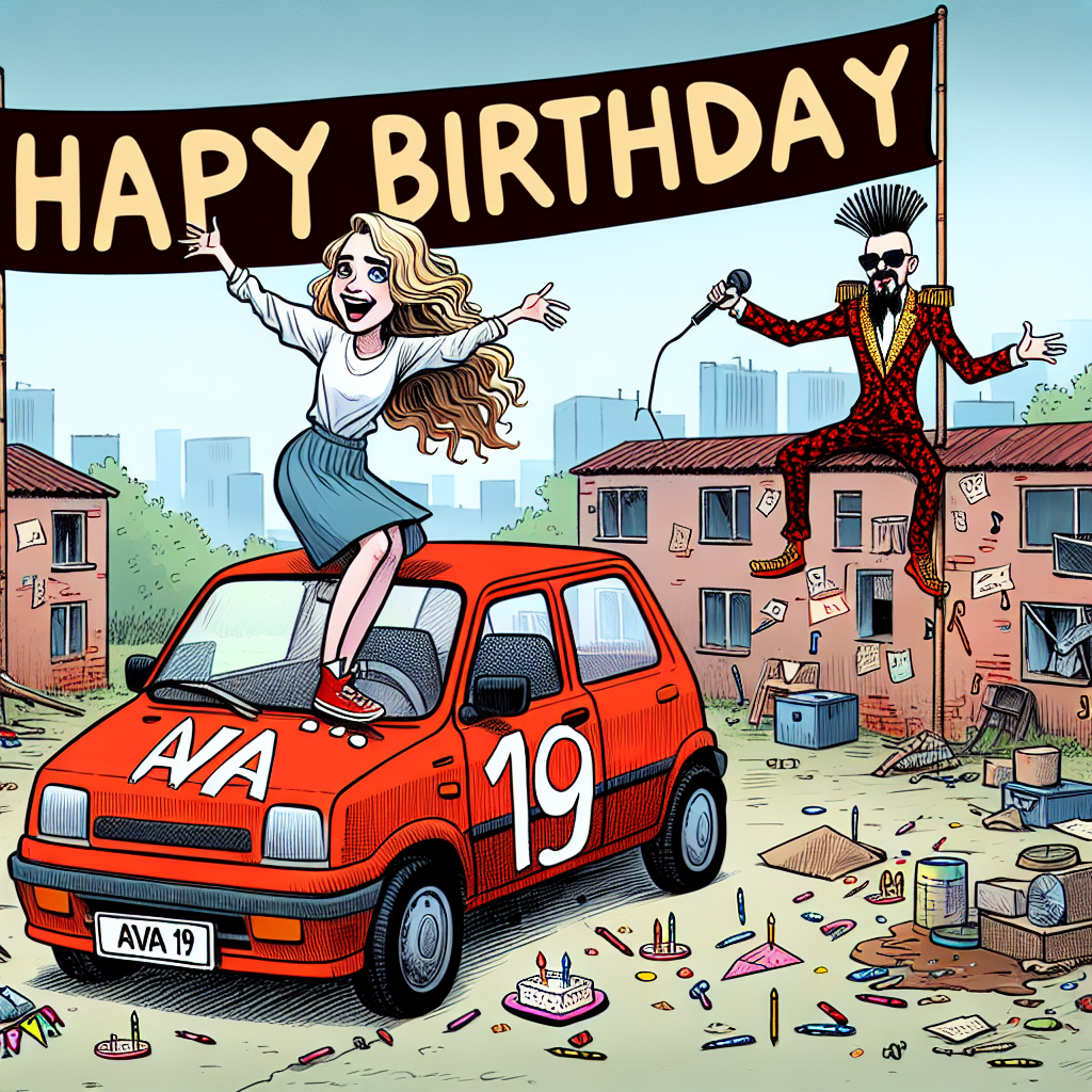 In this light-hearted and eccentric cartoon birthday scene, a happy Caucasian girl with long blonde hair is seen singing and dancing. She is on her improvised stage- the roof of a flamboyant red compact car labeled 'AVA 19', representing the spirit of celebration. In the background, a 'Happy Birthday' banner is fluttering cheerfully. Added to the festivity, a hand-drawn male pop star figure, dressed in an unusual attire, is seen. The domain below is a messy student housing area filled with remnants of student existence, which juxtaposes dramatically with the structured disorder of the birthday celebrations.
Generated with these themes: Girl with long blonde hair singing and dancing on a theatre stage roof on a red Fiat 500 with the number plate that says AVA 19, Happy Birthday sign, Harry Styles in a dress, and Messy student accommodation.
Made with ❤️ by AI.