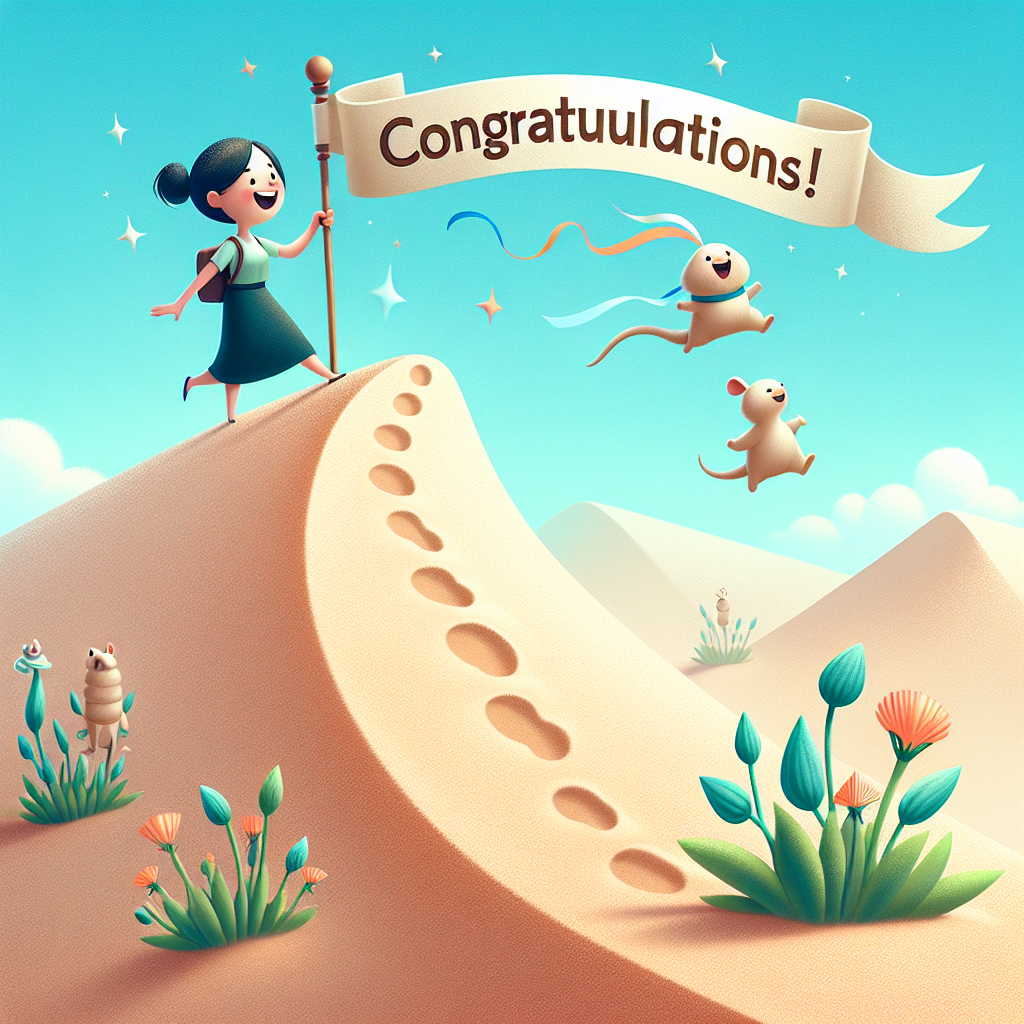 Create an amusing illustration showing a triumphant female Caucasian character standing on top of a gently curved sand dune beneath a clear sky of azure. The character is jubilantly holding a fast fluttering banner with the word 'Congratulations!' inscribed, symbolizing the culmination of her journey demonstrated by the ascending footprints on the dune. Also, the scene is adorned with delicate, resilient desert flowers, and two mischievous sand critters playing at the base of the dune, adding a sense of charm and fun to this atmospheric portrayal of jubilation and accomplishment.
Generated with these themes: Dune.
Made with ❤️ by AI.
