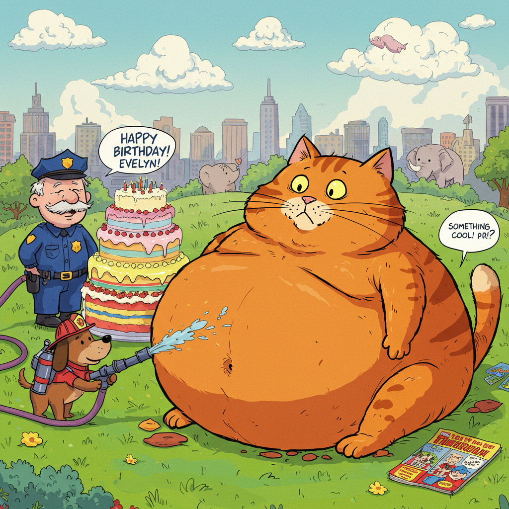 In the foreground, place a comically oversized, rotund orange cat lounging on a patch of bright green grass. Its enormous belly spills onto the ground, and its whiskers twitch with mischief. The cat's eyes are wide and slightly crossed, and its tail is swishing with a hint of mischief. Nearby, a small brown dog with an exaggeratedly wagging tail and a blue firefighter hat perched on its head is enthusiastically holding a tiny fire hose, which sprays confetti instead of water. 

On the left, position a cheerful old man with a fluffy white mustache wearing a blue police officer uniform, complete with a shiny badge that glints in the sunlight. He's standing next to a ridiculously tall, multi-layered birthday cake with vibrant icing in every color of the rainbow. A banner atop the cake reads "Happy Birthday Evelyn!" in playful, colorful lettering.

In the background, add a bustling cityscape, reminiscent of a classic cartoon style, with buildings that have slightly exaggerated angles and a pastel color palette. A whimsical sky overhead features oversized, fluffy white clouds shaped like various animals, like elephants and ducks.

For the "something cool" element, place a small jetpack on the dog's back with tiny flames puffing out, as if it's ready to take flight. To the side, include a vintage comic book lying on the grass with a cover inspired by classic manga, featuring a chibi-style hero in action.

Overall, the scene is filled with lively and exaggerated elements, inspired by the styles of Charles Schulz and Bill Watterson, creating a humorous and vibrant birthday card front cover.
Generated with these themes: Fat Orange cat, Funny, Comics, Old age, Dog, Firefighter , Police officer, and Something cool.
Made with ❤️ by AI.