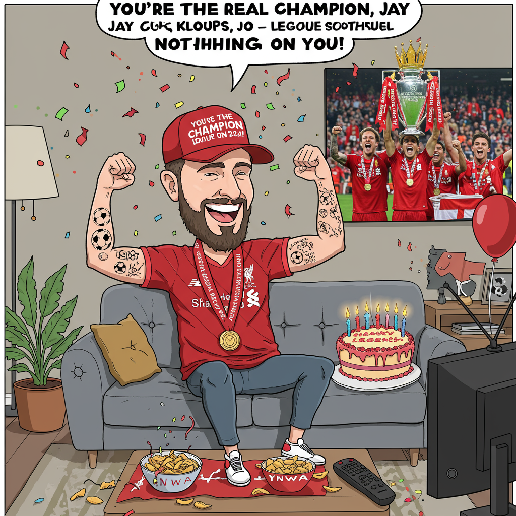 **Prompt:**

*At the top of the cartoon image:*  
**"You’re the real Champion, Jay — Klopp’s got nothing on you!"**

**Image Description:**  
A quirky cartoon of a slim man with a big grin and a bushy beard, lounging triumphantly on a grey sofa like it’s a throne. He’s rocking a bright red Liverpool FC shirt and matching baseball hat that says “League Champs 2024!” in bold glittery letters. His arms are raised in victory, showing off tattoos of footballs, trophies, and a cheeky “YNWA” inked across his knuckles.

Confetti and sparkly glitter fly dramatically in the air like he’s just won the league himself. Behind him sits a lone, scraggly houseplant waving a tiny red flag. Next to him on the couch is a huge birthday cake with a single lit candle — but instead of "Happy Birthday," it’s piped in icing with “Thanks, Legend!” A TV remote dangles from his hand like a trophy, and one foot rests heroically on an empty snack bowl.

In the background, a television shows Liverpool lifting the league trophy — but Jay's head is pasted over every player's face.

Tone: Playful, bold, over-the-top silly celebration.
Generated with these themes: Man, slim , Birthday, Liverpool fc shirt, Liverpool fc baseball hat, Liverpool are league champions, Grey Sofa, One houseplant, Lots of glitter, Tattoos, Beard, and .
Made with ❤️ by AI.