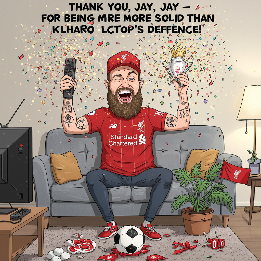 **Prompt for AI Image Generation:**

At the top of the cartoon image: **"Thank You, Jay – For Being More Solid Than Klopp’s Defence!"**

Create a cartoon-style image in a funny and light-hearted mood. Depict a slim man named Jay lounging proudly on a grey sofa, striking a dramatic pose like he’s just won the Premier League himself. He’s wearing a bright red Liverpool FC shirt and a matching Liverpool FC baseball hat tilted jauntily to one side. He’s got a full, glorious beard, arms covered in elaborate tattoos that somehow manage to spell out “Thank You” in illustrated form, and there’s a cheeky glimmer in his eye. 

Surrounding him is an explosion of sparkly glitter — as if he just got tackled by a unicorn mid-celebration. Nearby sits one sad but determined houseplant with a mini Liverpool flag stuck in the soil, trying its best to join the party. The scene screams victory and gratitude in equal measure, as Jay raises a TV remote like a trophy and confetti rains down in exaggerated, over-the-top cartoon sparkle. A cheeky, exaggerated grin completes the comically heroic pose.

Make the entire scene brimming with joyful, sparkly energy and celebratory football-themed chaos — and very heavy on glitter!
Generated with these themes: Man, slim , Birthday, Liverpool fc shirt, Liverpool fc baseball hat, Liverpool are league champions, Grey Sofa, One houseplant, Lots of glitter, Tattoos, Beard, and .
Made with ❤️ by AI.