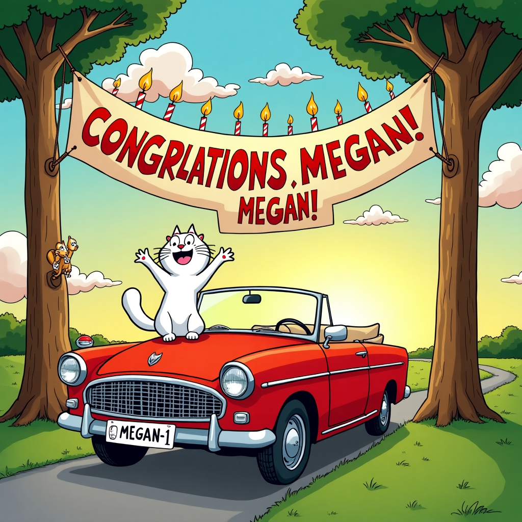 In a whimsical cartoon scene reminiscent of classic strips by Charles Schulz and Gary Larson, the focal point is a jubilant white cat with an expressive face, perched on the hood of a bright red convertible car. The car is parked beneath a sprawling, comically large birthday banner that spans the width of two towering trees. The banner playfully reads "Congratulations, Megan!" in bold, colorful letters, each letter decorated with a small lit candle as though on a cake. The candles flicker cheerily in the gentle breeze, adding a touch of celebratory sparkle to the scene. 

Behind the car, a line of oversized, cartoon-style candles forms a path, leading towards a distant horizon where a setting sun casts a warm golden glow across the sky. The sky itself is dotted with fluffy, whimsical clouds that appear to spell out "Well Done" in a gentle curve above the scene, as if hand-scripted by the wind. On the car's license plate, there is a playful detail — it reads "MEGAN-1" in bold, quirky font, further personalizing the celebration. 

In the background, peeking out from behind the trees, a few mischievous squirrels are depicted attempting to blow out the candles on the banner, their cheeks puffed in exaggerated fashion, adding a touch of humor reminiscent of Bill Watterson’s Calvin and Hobbes. This scene is vibrant and packed with playful details, making it a lively and memorable card cover.
Generated with these themes: White cat, car , candles .
Made with ❤️ by AI.