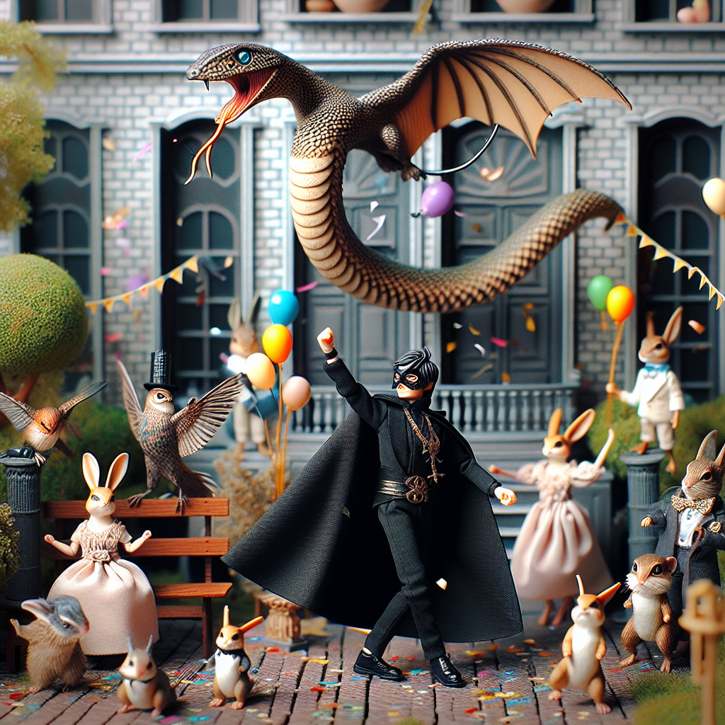 Imagine a joyful birthday party in a detailed urban park where miniature animals gather in elegant clothing. Sparrows dressed in festive attire are fluttering around, while rabbits are dashing about. A distinct masked hero in black, slightly resembling a bat, is at the center of the vibrant scene. His cape echos the feeling of flight, mirroring the magical ambiance. Suddenly, a captivatingly designed serpent, adorned with balloons, makes a secret entrance, playfully scaring the guests into fits of laughter while the masked hero maintains his cool amid the falling confetti and charm.
Generated with these themes: Batman , Snake, Magic, Flying , Small animals , and Sneezing.
Made with ❤️ by AI.