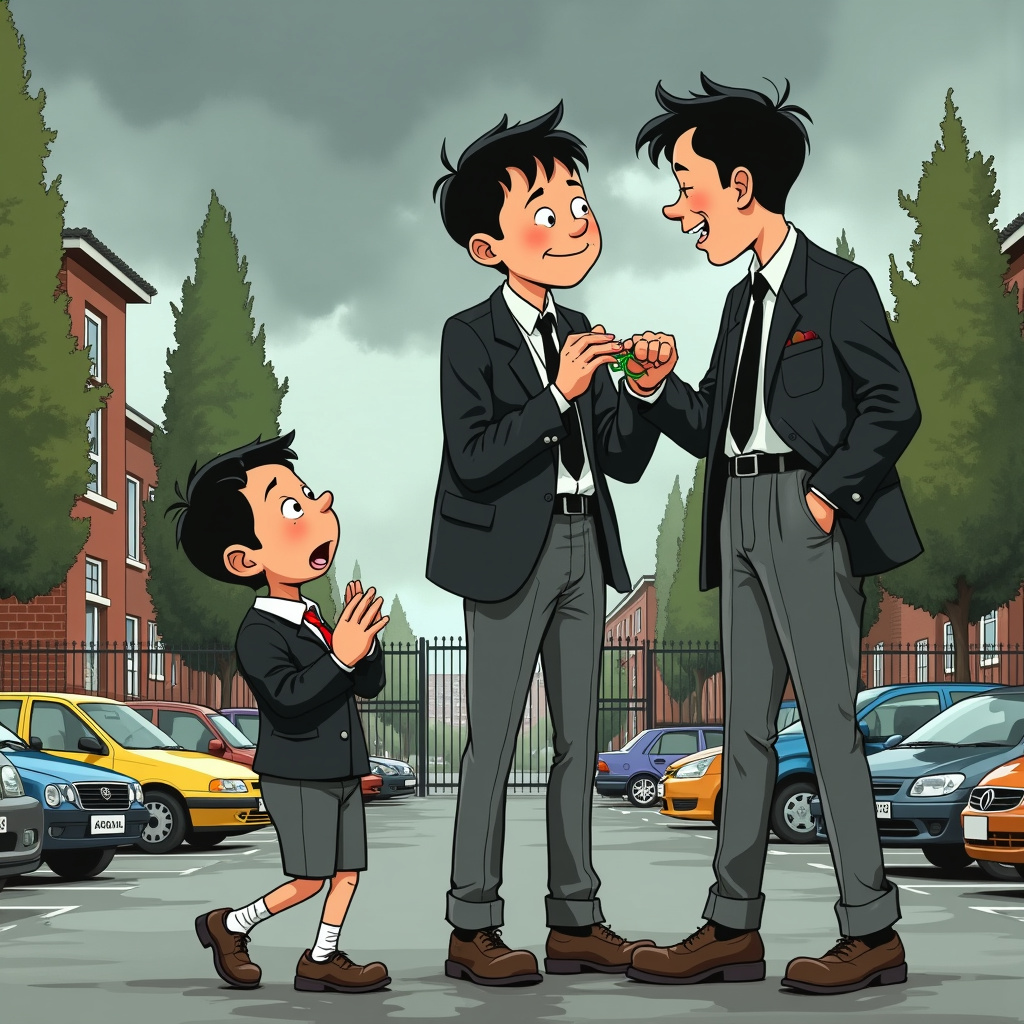 In the bustling school carpark, a humorous scene unfolds, reminiscent of Charles Schulz's "Peanuts" and Bill Watterson's "Calvin and Hobbes." The setting is classic: cloudy English weather with a sky heavy with overcast clouds, casting a muted light over the entire area. 

Front and center is a tall, almost overweight, 6ft Chinese teenager, donned in a smart school uniform: a black blazer, white shirt, black tie, and grey trousers. His outfit is completed by a green lanyard around his neck. His short, black hair is neatly combed, and his face is lit up with a mischievous, hearty laugh. He's in the act of playfully yanking a green lanyard from a much smaller, skinny Indian teenager who is struggling to keep hold of it. The Indian teenager, also in a school uniform with a white shirt and a red lanyard, has an expression of surprise mixed with mild frustration.

The scene is set against a backdrop of a typical school carpark, with various school kids milling about, each wearing different colored lanyards: blue, yellow, purple, and orange, creating a vibrant tapestry of colors. On either side of the carpark are school buildings, their brickwork aged but sturdy, and windows reflecting the dull sky. Behind a sturdy metal gate, tall trees stand guard, their leaves rustling slightly in the gentle breeze.

In the carpark, a few cars and mini-vans are parked haphazardly, their license plates reflecting the gloomy light. The overall layout of the carpark is spacious, with clear lanes for vehicles and pathways for the students.

The artistry of the scene calls to mind the dynamic lines of Osamu Tezuka and the meticulous details of Hergé. The expressions on the faces of the characters are exaggerated yet precise, capturing the comedic essence of the moment, much like Gary Larson's "The Far Side." The entire tableau is framed in such a way that it captures not just a moment in time, but a small story full of life and personality, echoing the narrative depth found in the works of Art Spiegelman and Will Eisner.

This cartoon scene is a delightful blend of chaos and order, where every element, from the uniforms to the vehicles, plays a part in telling the humorous story of a lively school carpark encounter.
Generated with these themes: 6ft Chinese teenage who is almost overweight, he is stealing a small skinny Indian teenagers green lanyard, he is wearing a black blazer, grey trousers, black short hair, wearing a green lanyard, laughing expression on his face, white shirt, black tie, and School carpark background, school kids wearing different coloured lanyards walking around in the back, trees behind the metal gate, cloudy English weather, some cars and mini vans in the car park, building on the right and left but not behind.
Made with ❤️ by AI.