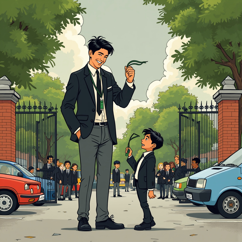 The front cover of the birthday card features a lively and dynamic cartoon scene set in a typical English school carpark, reminiscent of the intricate backgrounds from Hergé's "Tintin" series. In the center of the scene is a towering 6ft Chinese teenager, clad in a black blazer and grey trousers, sporting a mischievous grin. His jet-black hair is neatly combed, and a green lanyard dangles around his neck over a crisp white shirt and black tie. With one hand, he holds another green lanyard that he's just snatched from a small, skinny Indian teenager who is looking up at him in bewilderment. The Indian teenager, dressed in a similar school uniform but with his tie slightly askew, seems momentarily frozen in surprise. 

Surrounding them, the school carpark is bustling with activity. School kids of various heights and ethnicities are milling about, all wearing different colored lanyards that signify their year groups—red, blue, yellow, and purple lanyards add vibrant splashes of color to the scene. In the background, a sturdy metal gate stands tall, with lush green trees peeking through, their branches swaying gently in the typical cloudy English weather. Bill Watterson’s influence can be seen in the playful expressions of the children and the exaggerated, humorous body language.

To the right and left of the scene, two school buildings frame the carpark, each adorned with large windows and brickwork that echoes the charm of traditional English architecture, similar to the detailed settings found in Winsor McCay’s work. A couple of cars and mini vans are parked haphazardly, with some doors ajar, suggesting a recent rush of arrivals or departures. The cloudy sky overhead is rendered with subtle gradients of grey, capturing the quintessentially unpredictable English weather.

Every detail in the scene tells a story: the animated interactions between the kids, the careful rendering of their uniforms and accessories, and the playful yet precise background elements. The overall composition captures a moment of schoolyard mischief and camaraderie, creating a humorous and engaging birthday card cover that combines elements from various artistic inspirations while maintaining a unique and quirky charm.
Generated with these themes: 6ft Chinese teenage who is almost overweight, he is stealing a small skinny Indian teenagers green lanyard, he is wearing a black blazer, grey trousers, black short hair, wearing a green lanyard, laughing expression on his face, white shirt, black tie, and School carpark background, school kids wearing different coloured lanyards walking around in the back, trees behind the metal gate, cloudy English weather, some cars and mini vans in the car park, building on the right and left but not behind.
Made with ❤️ by AI.