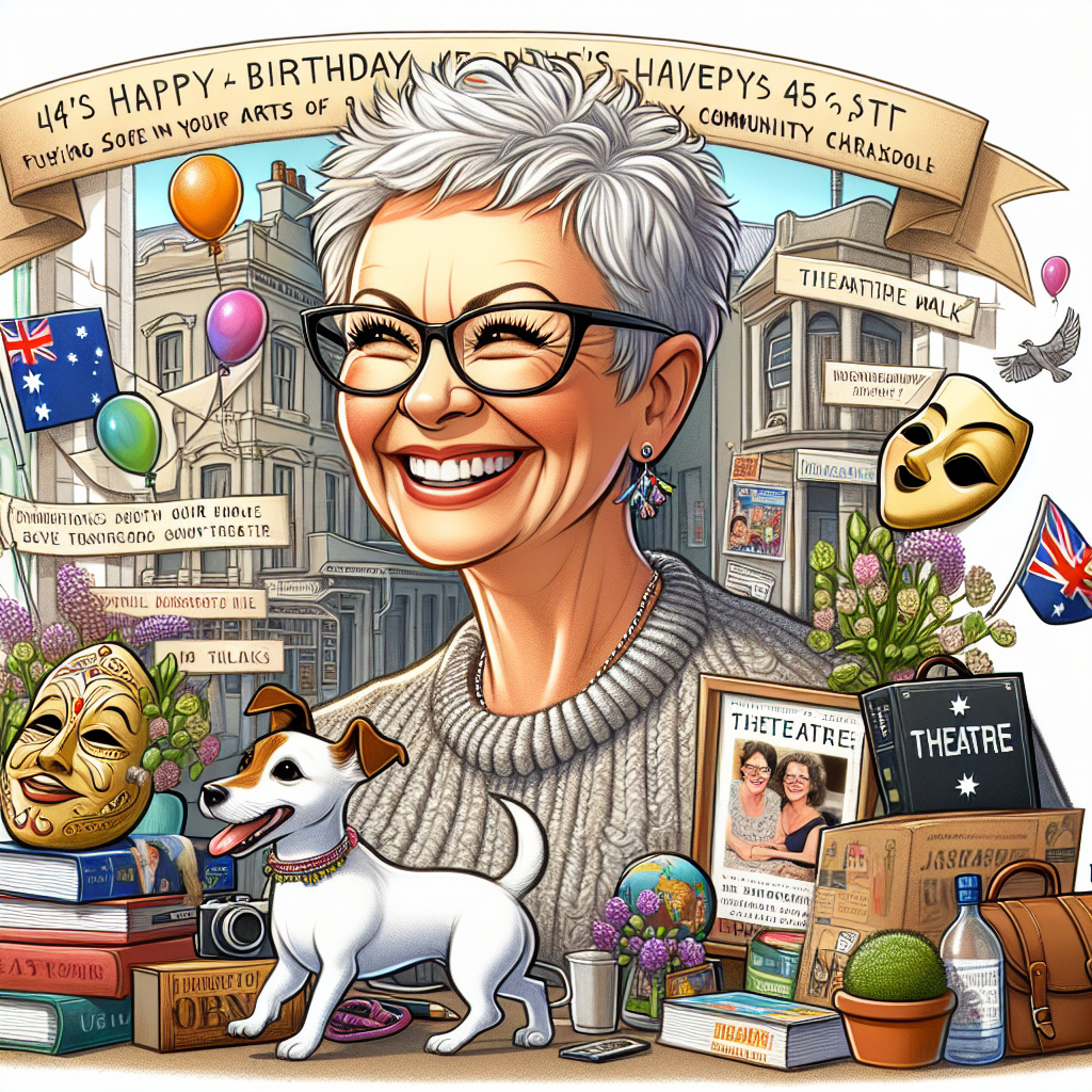 In this whimsical, cartoon-themed illustration for a birthday celebration, a cheerful, 46-year-old Caucasian woman with short white hair and fashionable glasses is featured. She exudes a sense of wisdom as she stands in the midst of a quaint bookstore located in Australia - a venue that she regards as her second home. Elements signifying her love for performing arts like theatre masks adorn the wall. In the backdrop, her loyal Jack Russell dog is playfully drawn around theatre pamphlets and travel maps, hinting at her adventurous spirit. Nearby, her favorite travel backpack leans against a bookshelf and overhead, a celebratory banner lauds her triumphant charity walk. This drawing encapsulates a life rich in enthusiasm, community involvement, and an unending quest for knowledge.
Generated with these themes: Age 46 caucasian woman with white shoulder length hair and glasses, Bookseller, Australia, Theatre, Jack russell in the background, Charity walk, and Travel.
Made with ❤️ by AI.